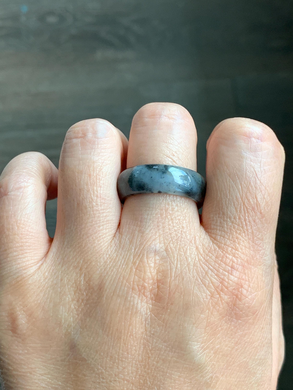 Natural Grade A Icy Translucent Light Gray Wuji & Pastel Green Marbled Jade Jadeite Wide Band Ring Size 10.25 US 5g 天然冰乌鸡绿翡翠戒圈 MWL66