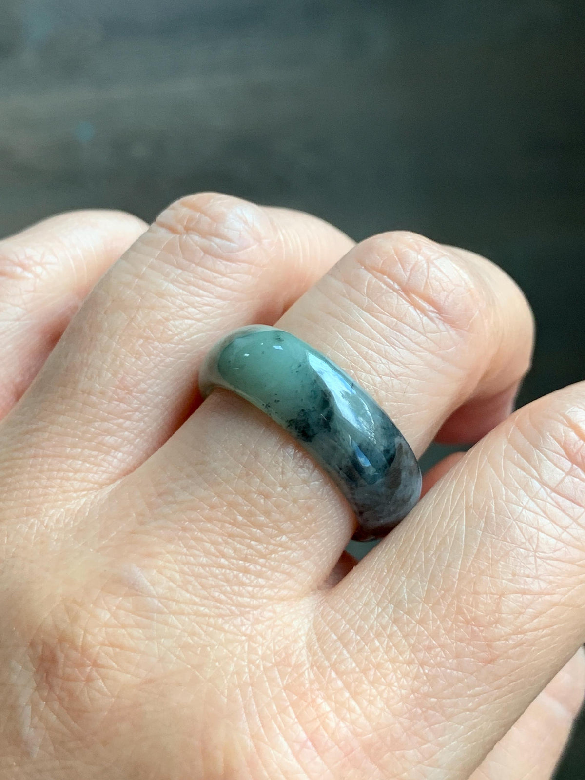 Natural Grade A Icy Translucent Light Gray Wuji & Pastel Green Marbled Jade Jadeite Wide Band Ring Size 10.25 US 5g 天然冰乌鸡绿翡翠戒圈 MWL66