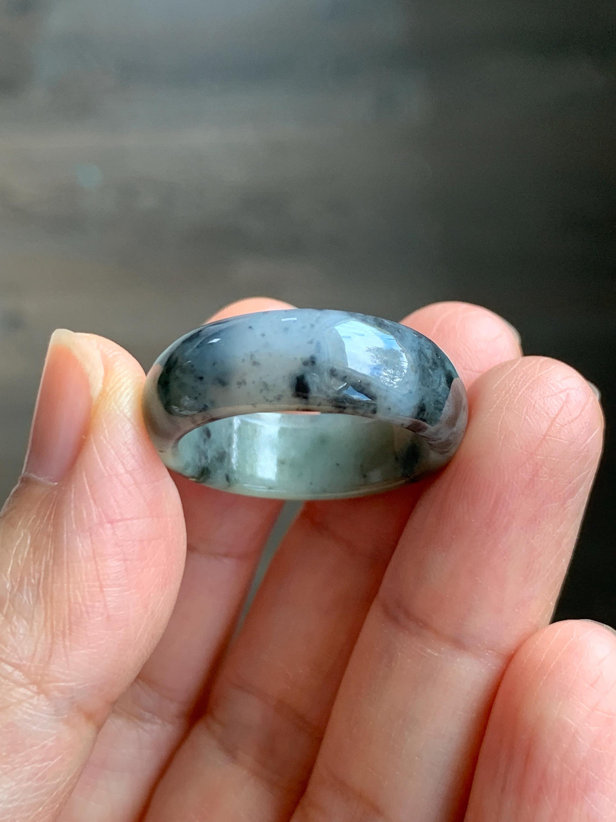 Natural Grade A Icy Translucent Light Gray Wuji & Pastel Green Marbled Jade Jadeite Wide Band Ring Size 10.25 US 5g 天然冰乌鸡绿翡翠戒圈 MWL66