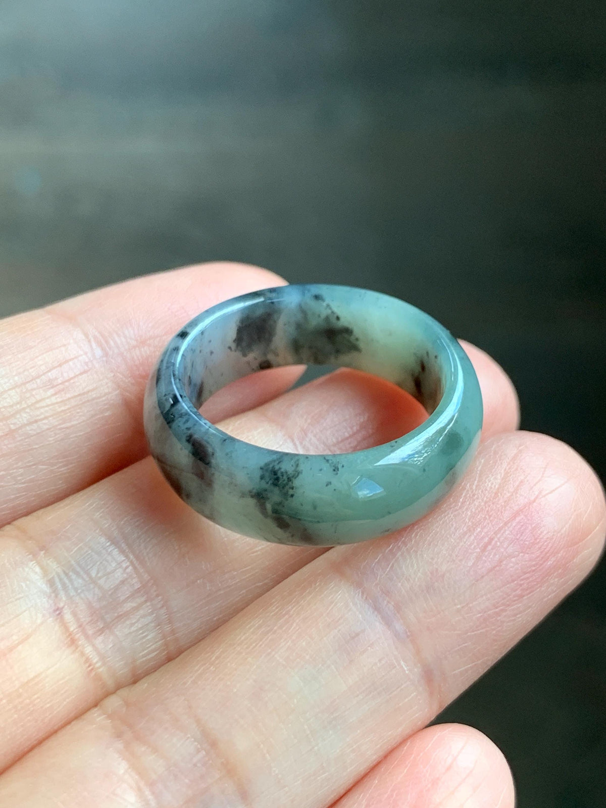 Natural Grade A Icy Translucent Light Gray Wuji & Pastel Green Marbled Jade Jadeite Wide Band Ring Size 10.25 US 5g 天然冰乌鸡绿翡翠戒圈 MWL66