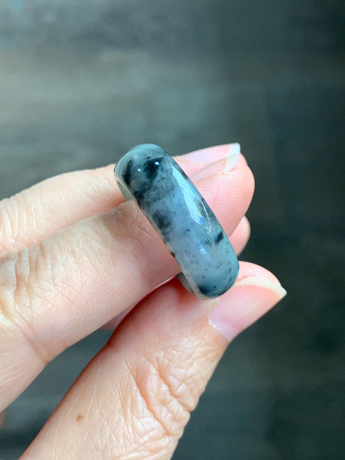 Natural Grade A Icy Translucent Light Gray Wuji & Pastel Green Marbled Jade Jadeite Wide Band Ring Size 10.25 US 5g 天然冰乌鸡绿翡翠戒圈 MWL66