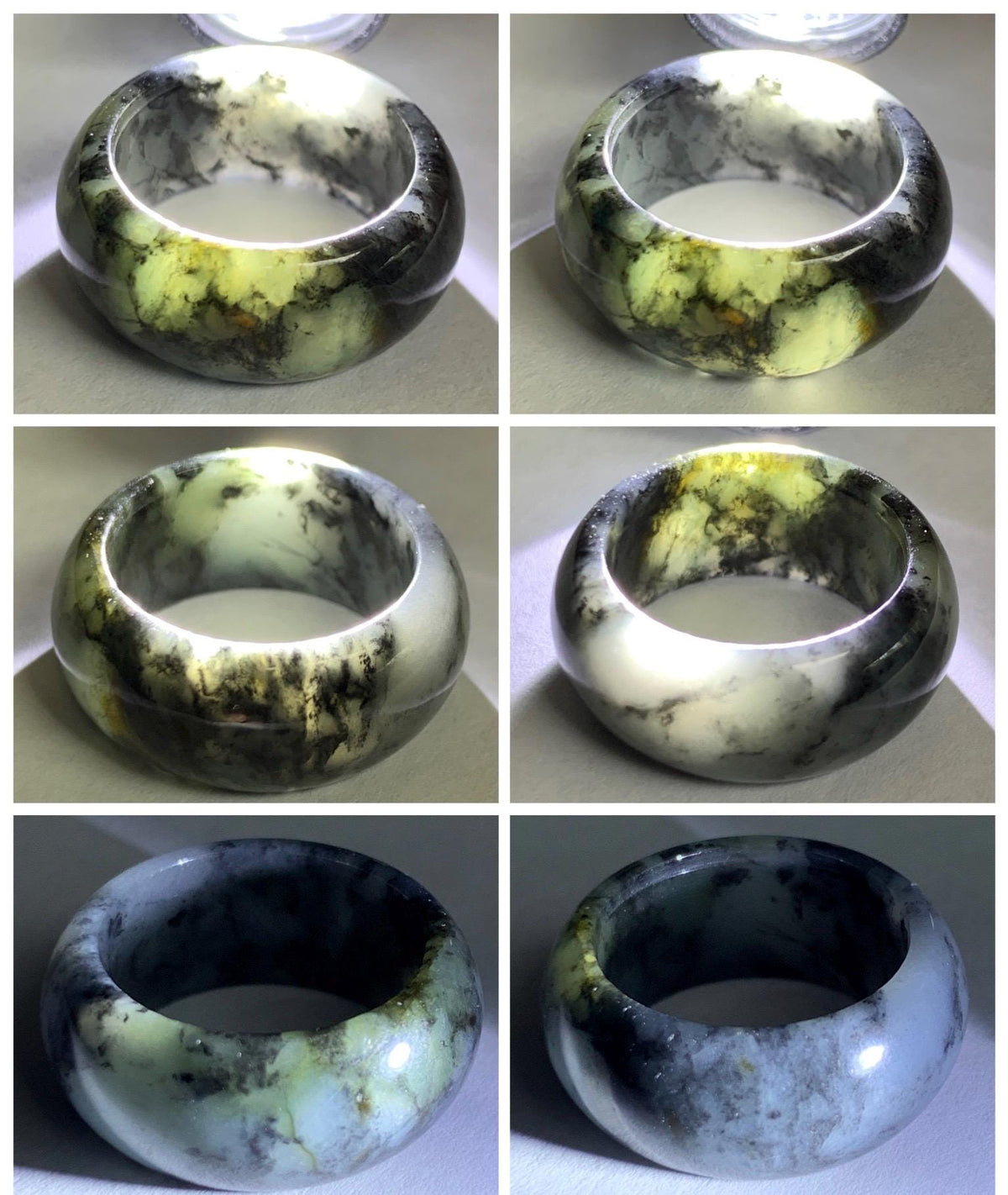 Natural Grade A Icy Translucent Black Wuji Marbled Jade Jadeite Wide Band Ring Size 6.5 US 6g 天然冰乌鸡绿翡翠戒圈 MWJ44
