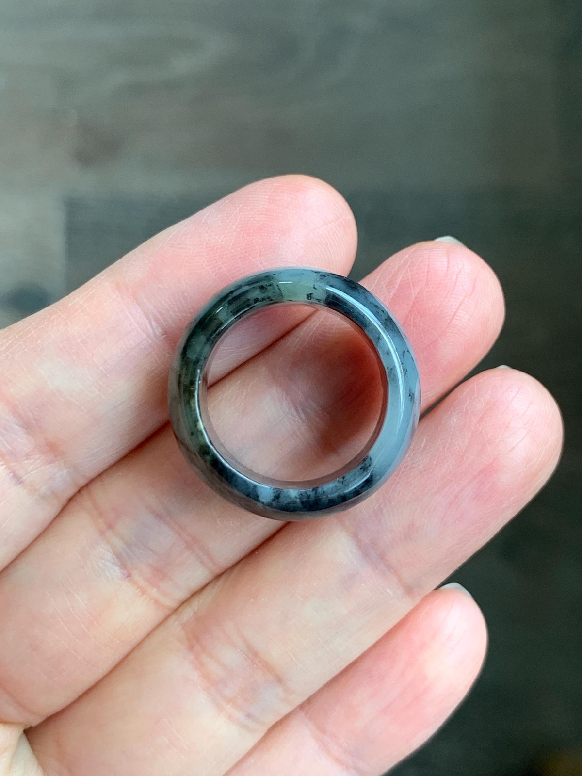 Natural Grade A Icy Translucent Black Wuji Marbled Jade Jadeite Wide Band Ring Size 6.5 US 6g 天然冰乌鸡绿翡翠戒圈 MWJ44