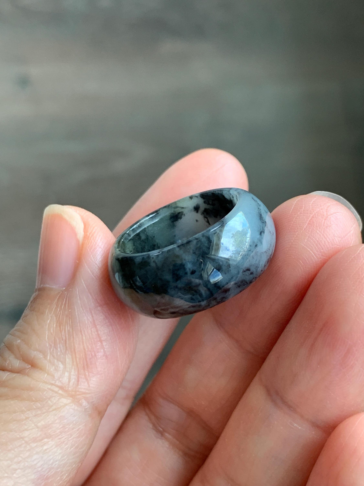 Natural Grade A Icy Translucent Black Wuji Marbled Jade Jadeite Wide Band Ring Size 6.5 US 6g 天然冰乌鸡绿翡翠戒圈 MWJ44