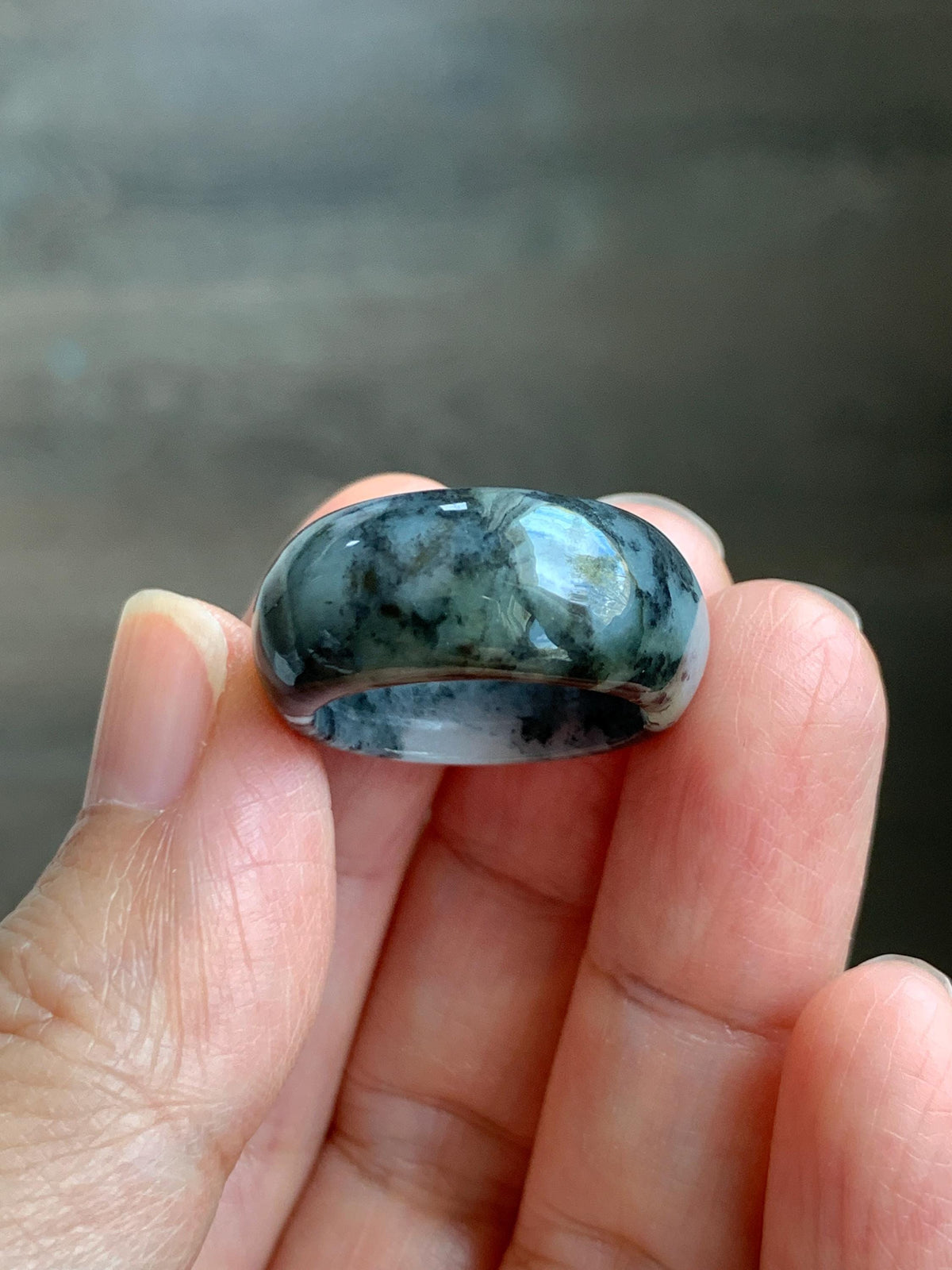 Natural Grade A Icy Translucent Black Wuji Marbled Jade Jadeite Wide Band Ring Size 6.5 US 6g 天然冰乌鸡绿翡翠戒圈 MWJ44