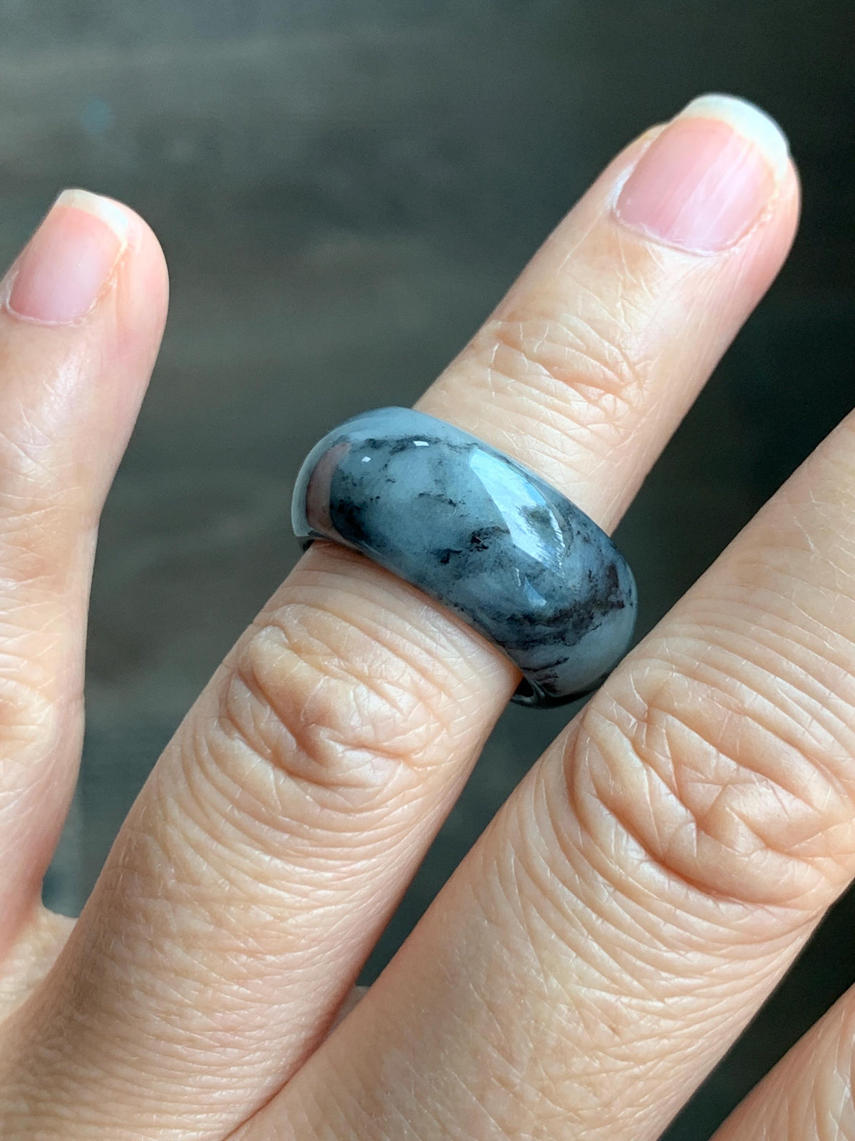 Natural Grade A Icy Translucent Black Wuji Marbled Jade Jadeite Wide Band Ring Size 6.5 US 6g 天然冰乌鸡绿翡翠戒圈 MWJ44