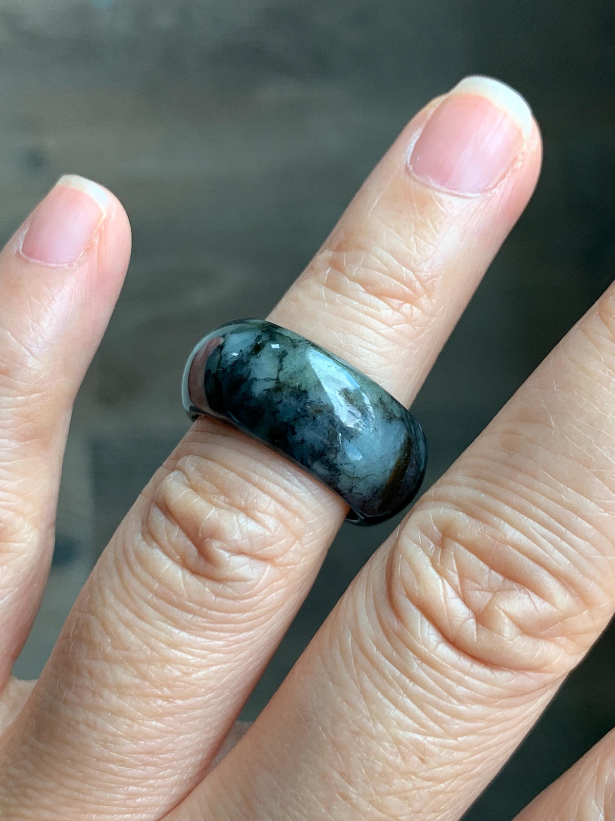 Natural Grade A Icy Translucent Black Wuji Marbled Jade Jadeite Wide Band Ring Size 6.5 US 6g 天然冰乌鸡绿翡翠戒圈 MWJ44