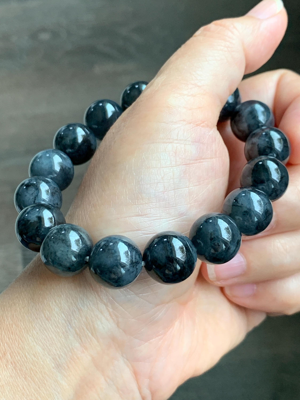 Certified Grade A Natural Icy Translucent Dark Wuji Jade Jadeite Large Beads Beaded Bracelet 13.2mm 8" 63.55g 天然大卡冰乌鸡翡翠手串 965