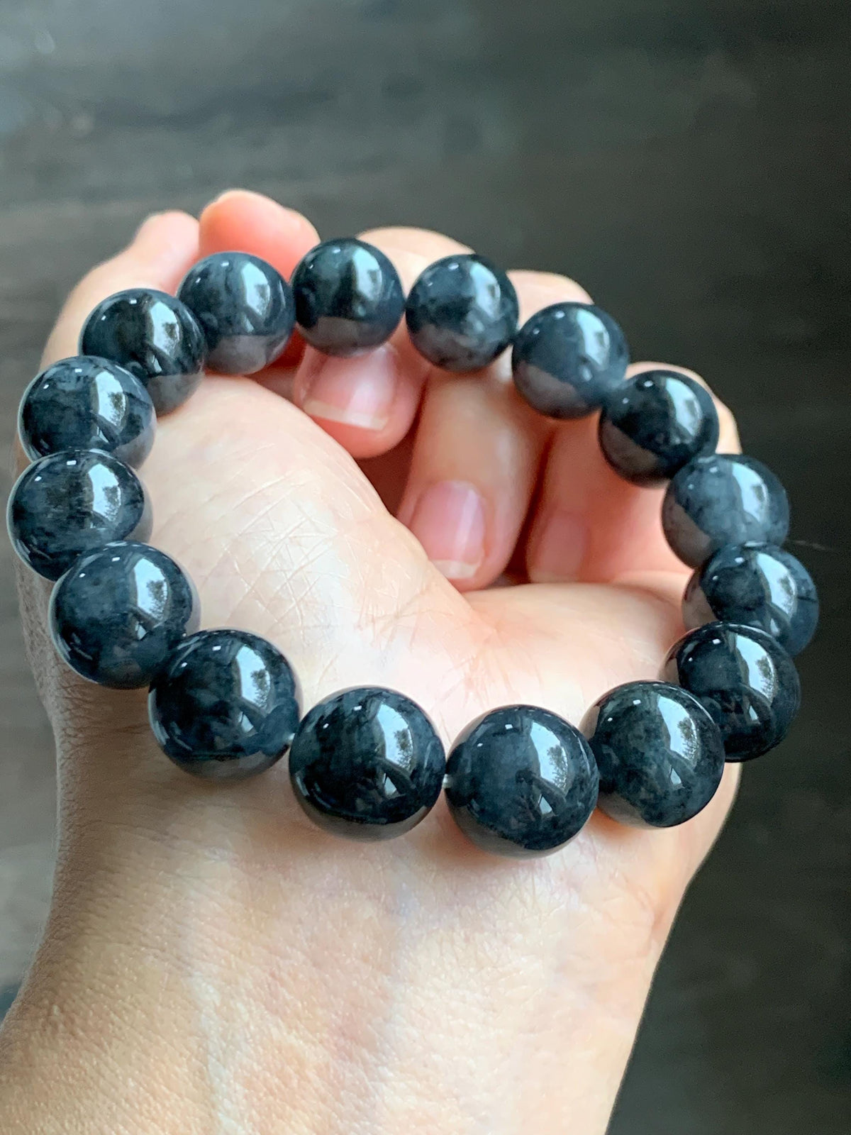 Certified Grade A Natural Icy Translucent Dark Wuji Jade Jadeite Large Beads Beaded Bracelet 13.2mm 8" 63.55g 天然大卡冰乌鸡翡翠手串 965