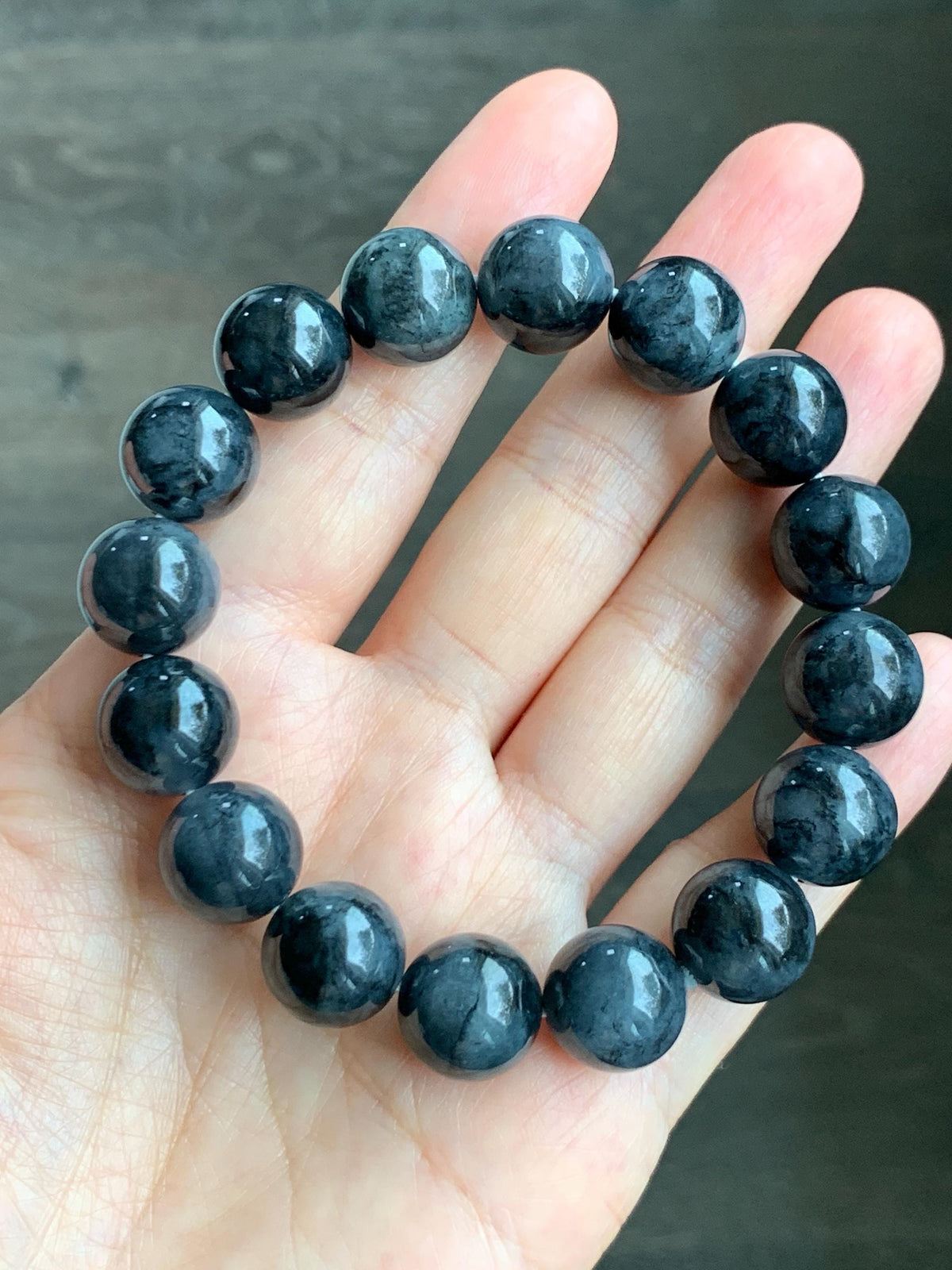 Certified Grade A Natural Icy Translucent Dark Wuji Jade Jadeite Large Beads Beaded Bracelet 13.2mm 8" 63.55g 天然大卡冰乌鸡翡翠手串 965