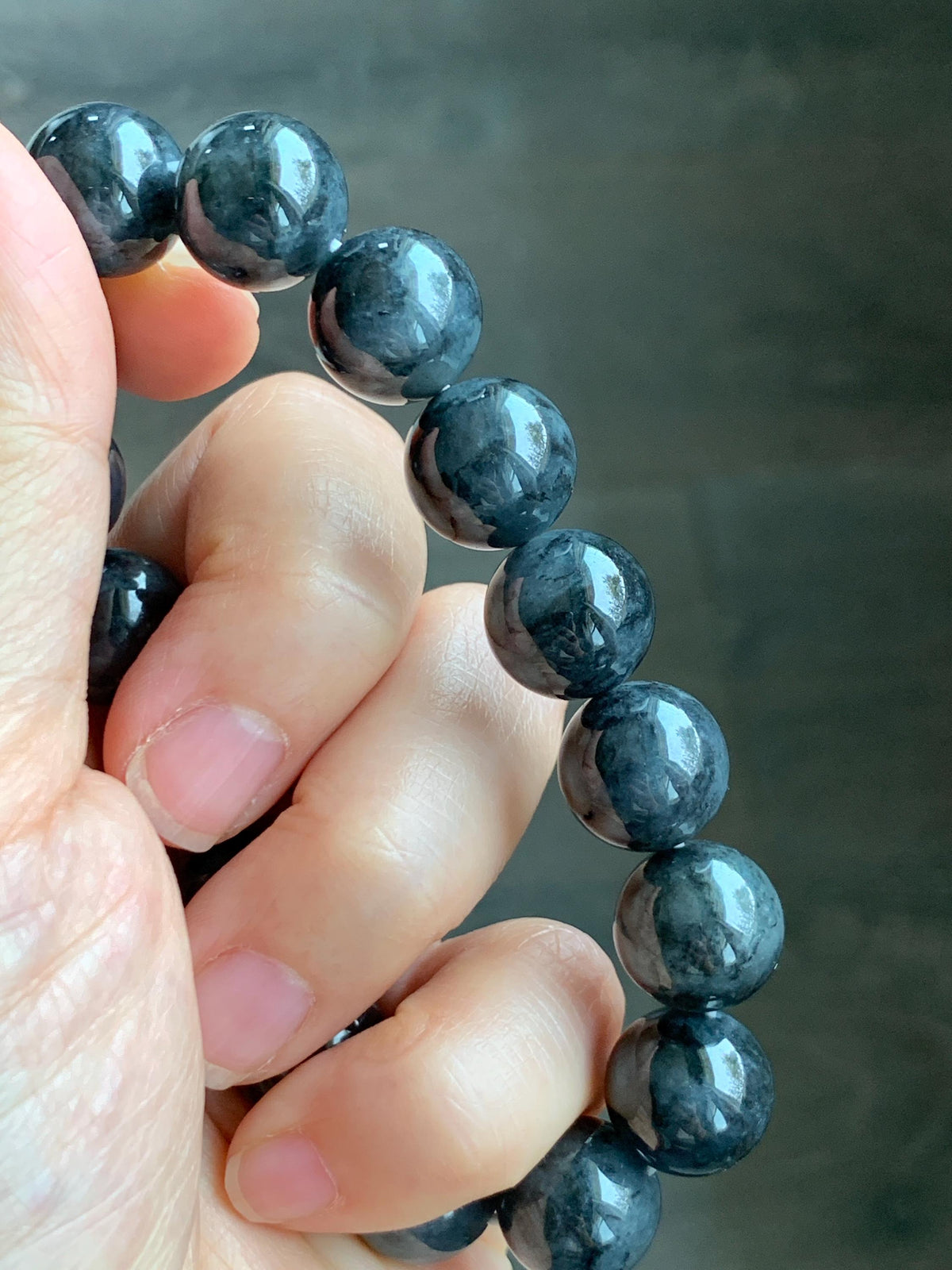 Certified Grade A Natural Icy Translucent Dark Wuji Jade Jadeite Large Beads Beaded Bracelet 13.2mm 8" 63.55g 天然大卡冰乌鸡翡翠手串 965