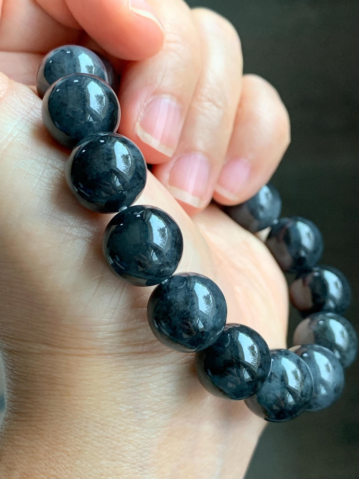 Certified Grade A Natural Icy Translucent Dark Wuji Jade Jadeite Large Beads Beaded Bracelet 13.2mm 8" 63.55g 天然大卡冰乌鸡翡翠手串 965