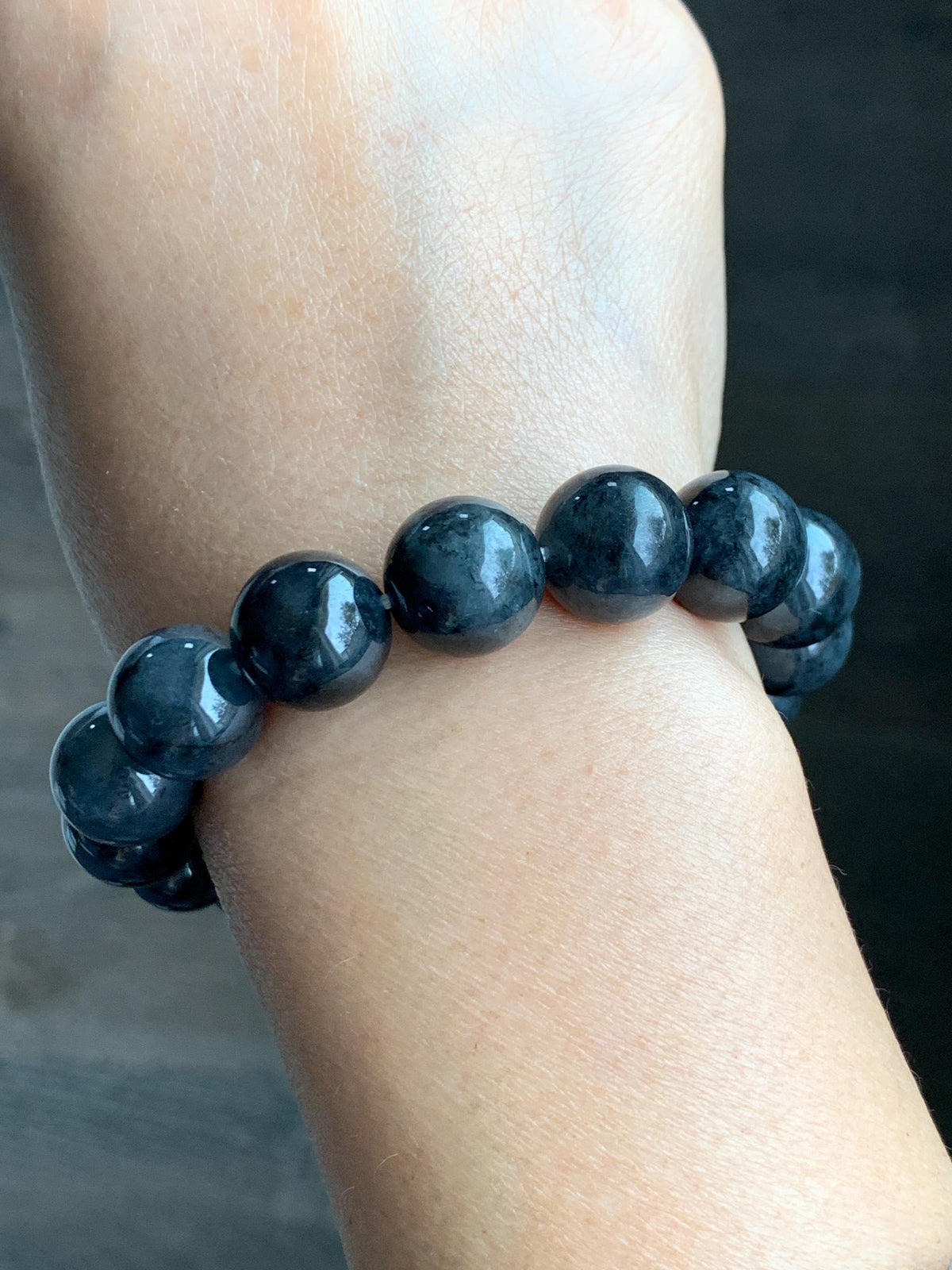 Certified Grade A Natural Icy Translucent Dark Wuji Jade Jadeite Large Beads Beaded Bracelet 13.2mm 8" 63.55g 天然大卡冰乌鸡翡翠手串 965