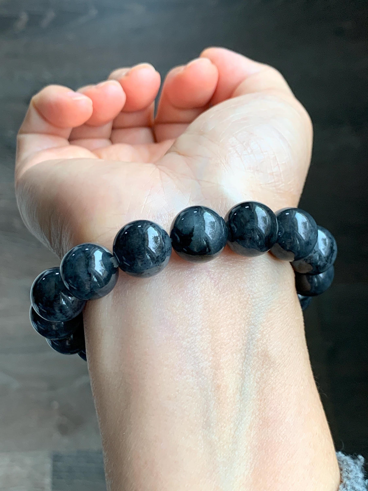 Certified Grade A Natural Icy Translucent Dark Wuji Jade Jadeite Large Beads Beaded Bracelet 13.2mm 8" 63.55g 天然大卡冰乌鸡翡翠手串 965