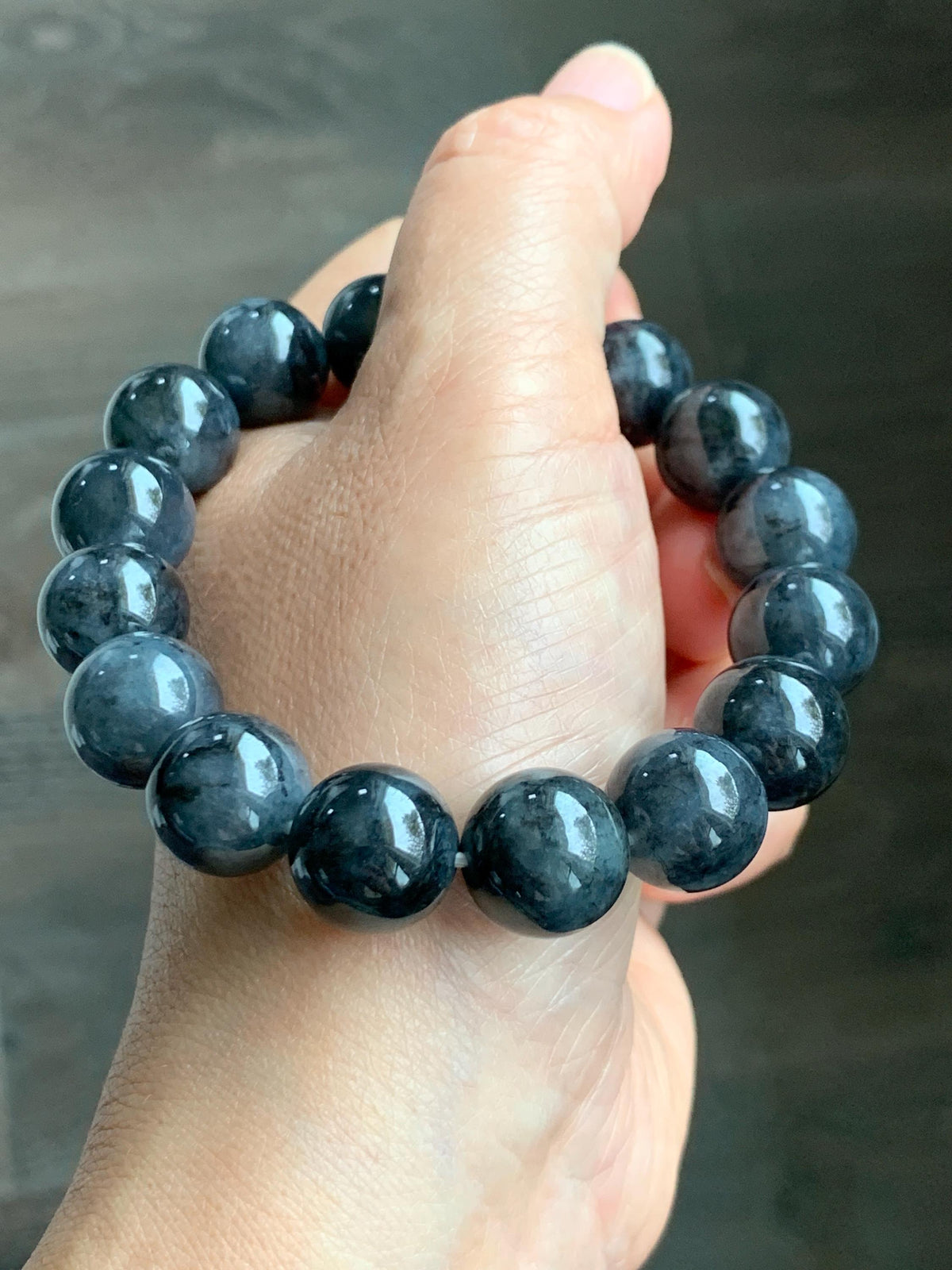 Certified Grade A Natural Icy Translucent Dark Wuji Jade Jadeite Large Beads Beaded Bracelet 13.2mm 8" 63.55g 天然大卡冰乌鸡翡翠手串 965
