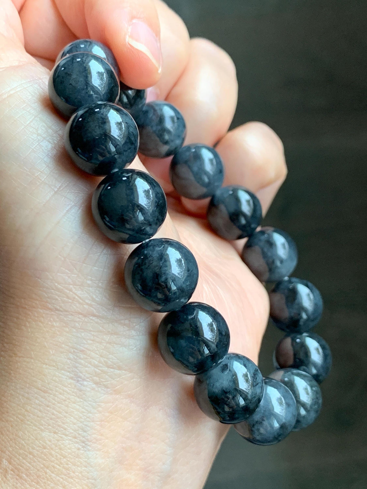 Certified Grade A Natural Icy Translucent Dark Wuji Jade Jadeite Large Beads Beaded Bracelet 13.2mm 8" 63.55g 天然大卡冰乌鸡翡翠手串 965