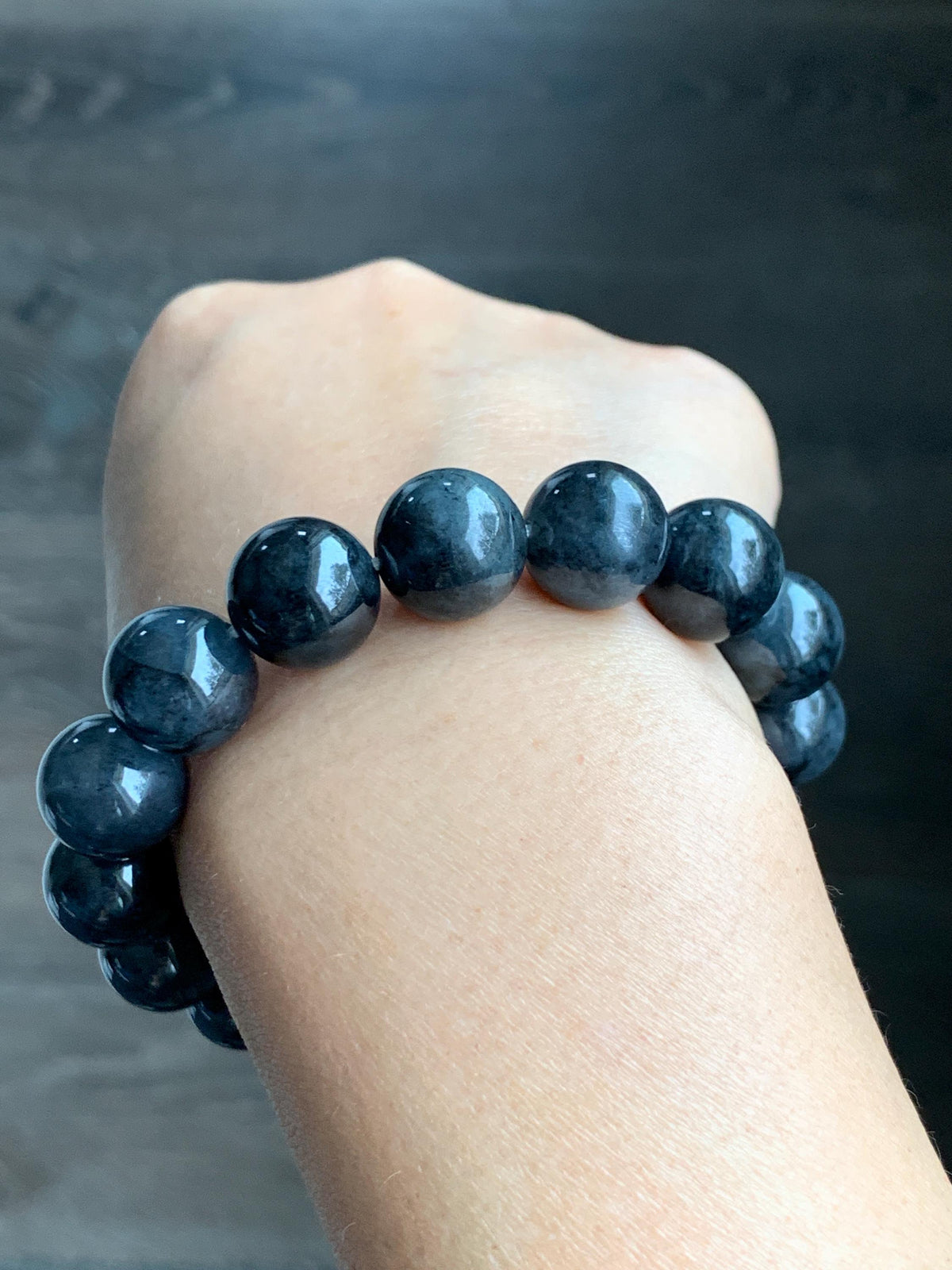 Certified Grade A Natural Icy Translucent Dark Wuji Jade Jadeite Large Beads Beaded Bracelet 13.2mm 8" 63.55g 天然大卡冰乌鸡翡翠手串 965