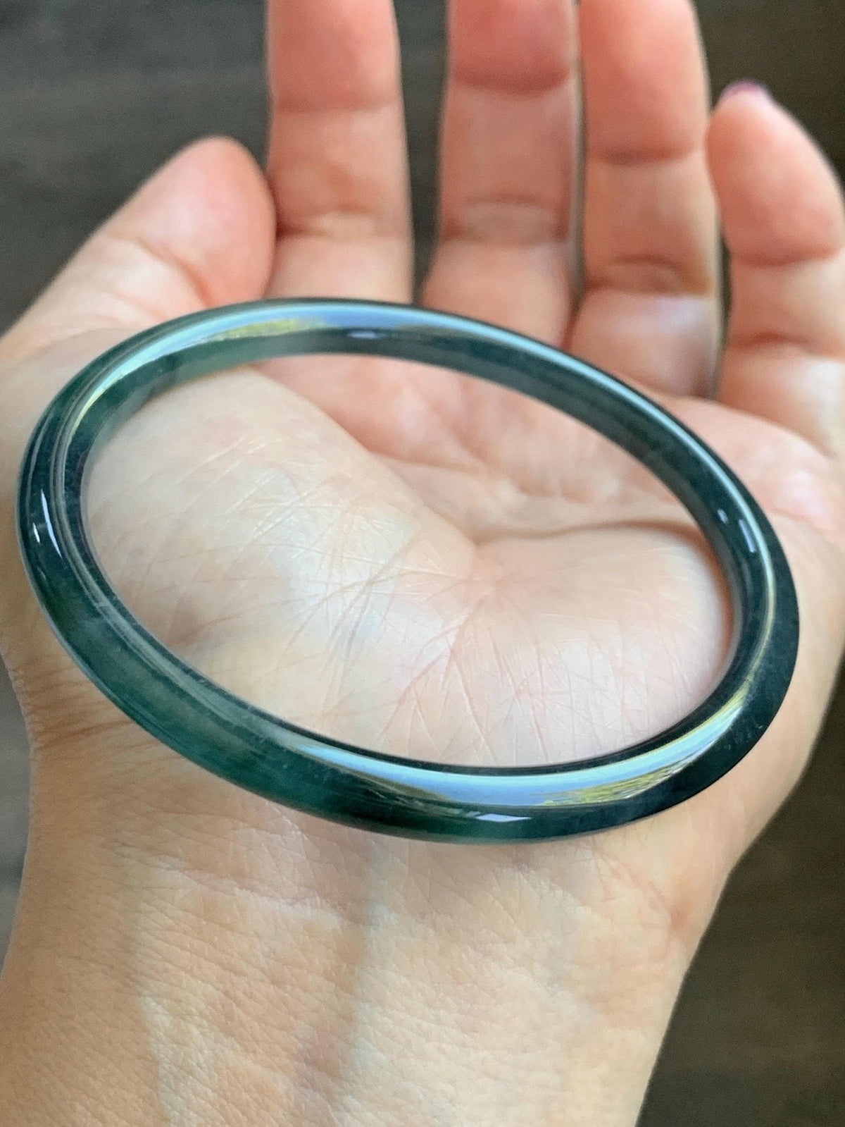 Certified Natural Grade A Guatemalan Icy Highly Translucent Dark Teal Green Jade Jadeite Slim Bangle 57.39mm 7.09” 17.75g 天然冰胶危深蓝绿翡翠细圆条手镯986