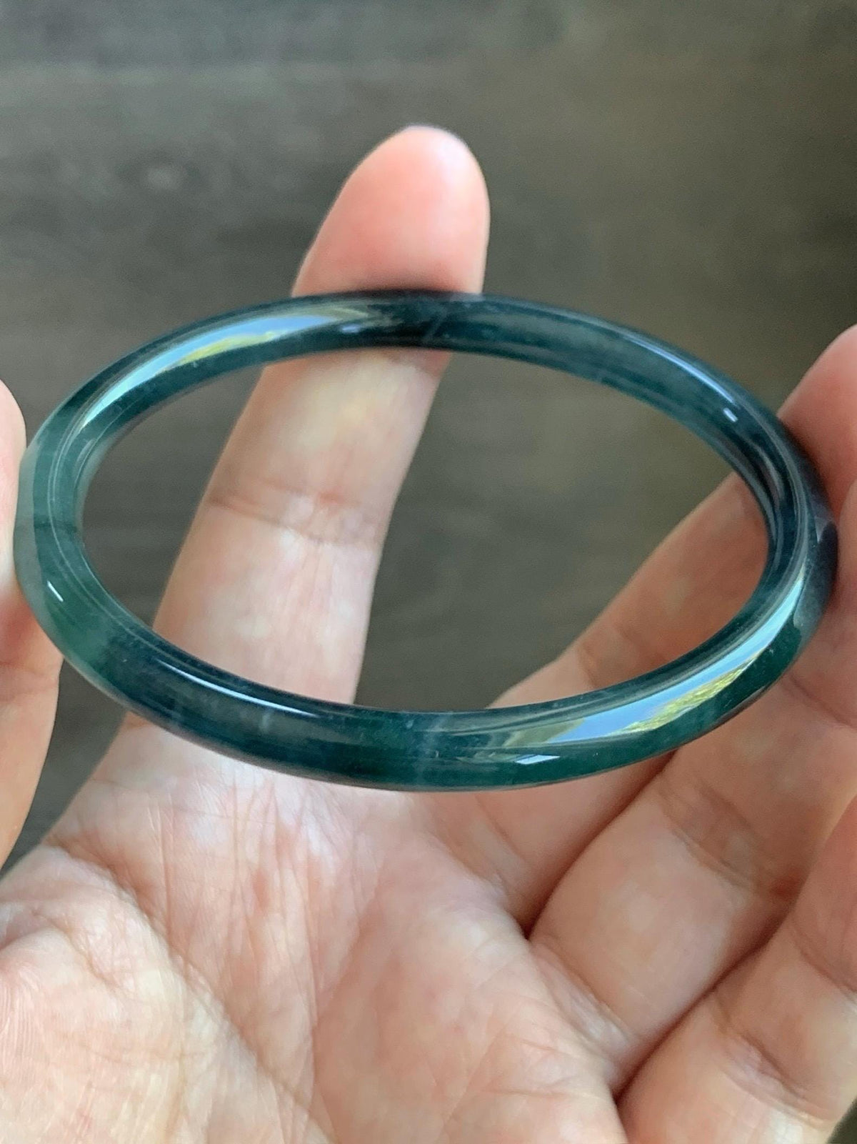 Certified Natural Grade A Guatemalan Icy Highly Translucent Dark Teal Green Jade Jadeite Slim Bangle 57.39mm 7.09” 17.75g 天然冰胶危深蓝绿翡翠细圆条手镯986