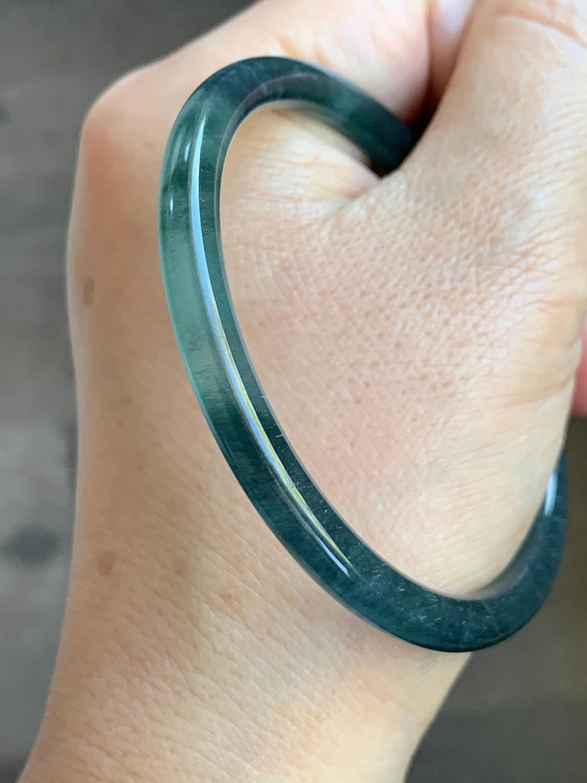 Certified Natural Grade A Guatemalan Icy Highly Translucent Dark Teal Green Jade Jadeite Slim Bangle 57.39mm 7.09” 17.75g 天然冰胶危深蓝绿翡翠细圆条手镯986