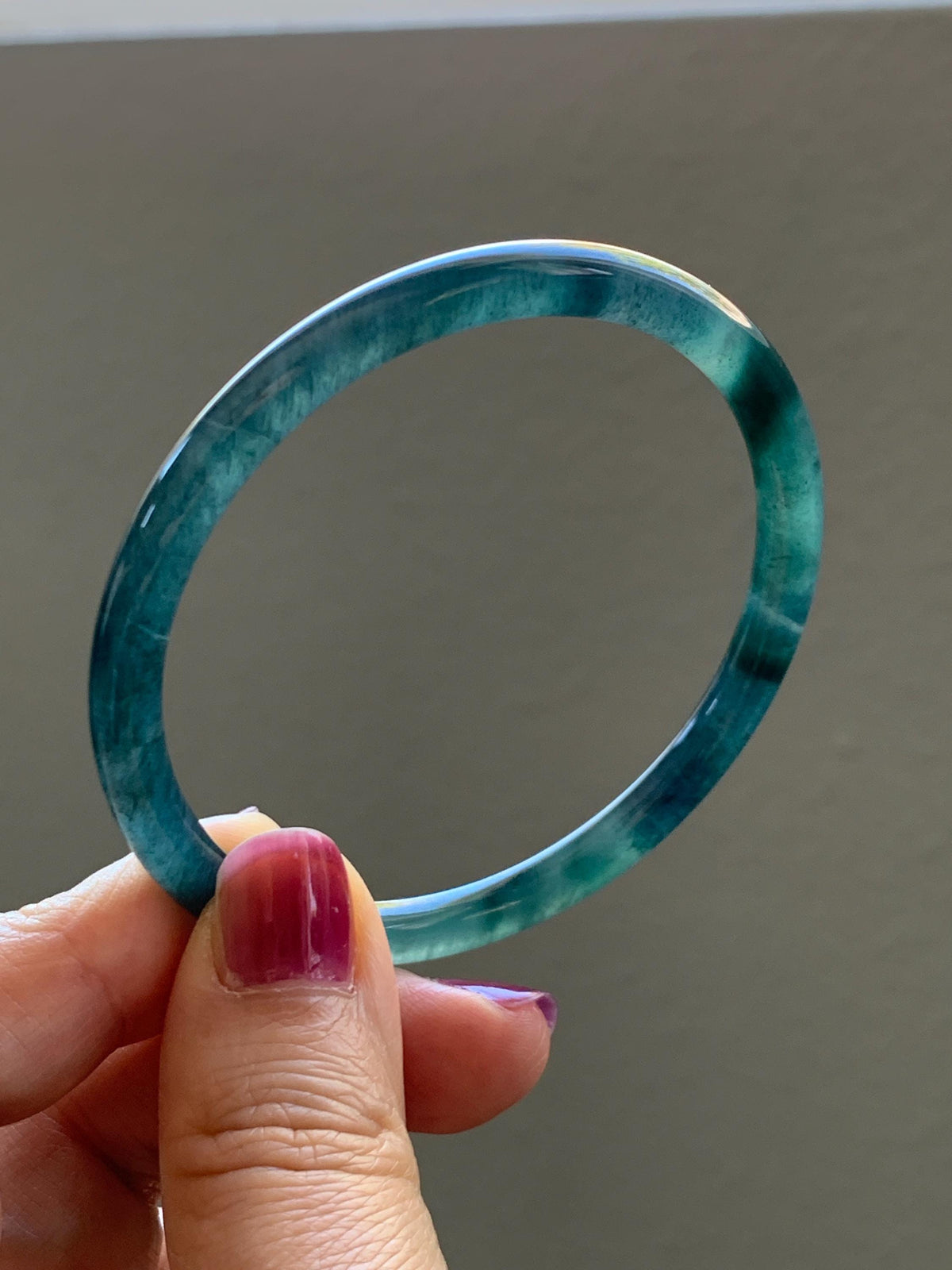 Certified Natural Grade A Guatemalan Icy Highly Translucent Dark Teal Green Jade Jadeite Slim Bangle 57.39mm 7.09” 17.75g 天然冰胶危深蓝绿翡翠细圆条手镯986