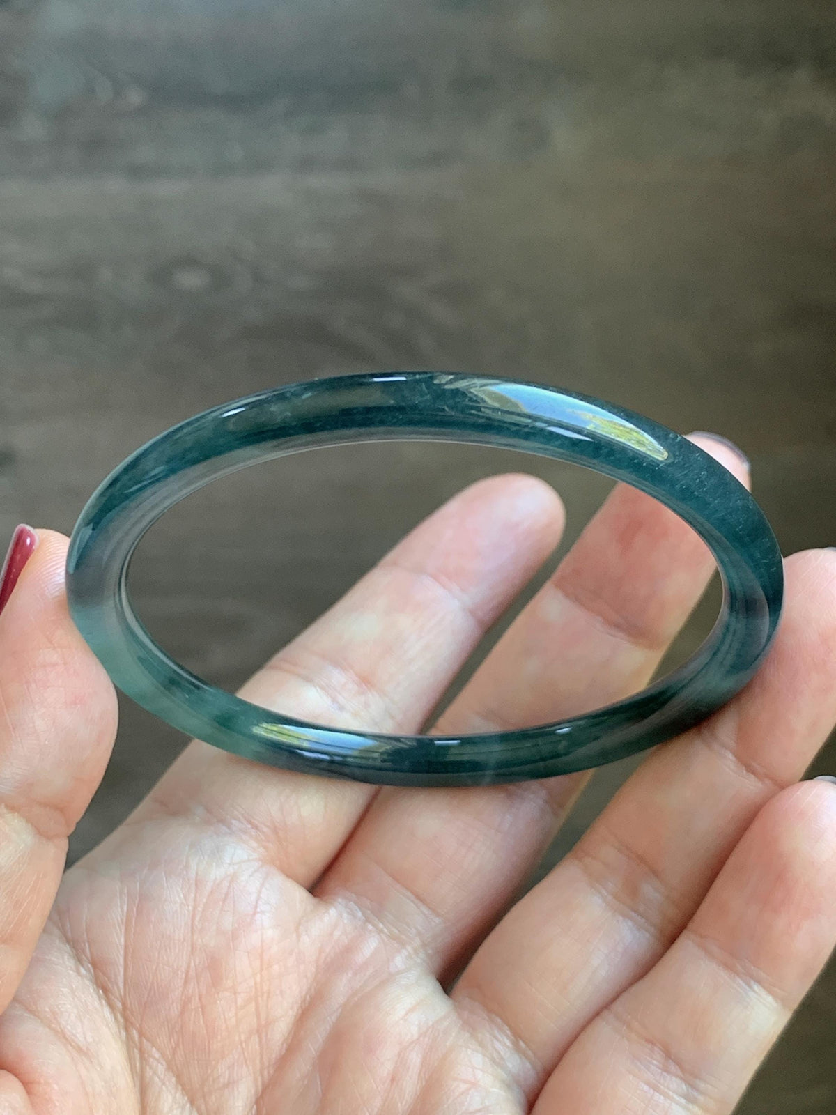Certified Natural Grade A Guatemalan Icy Highly Translucent Dark Teal Green Jade Jadeite Slim Bangle 57.39mm 7.09” 17.75g 天然冰胶危深蓝绿翡翠细圆条手镯986