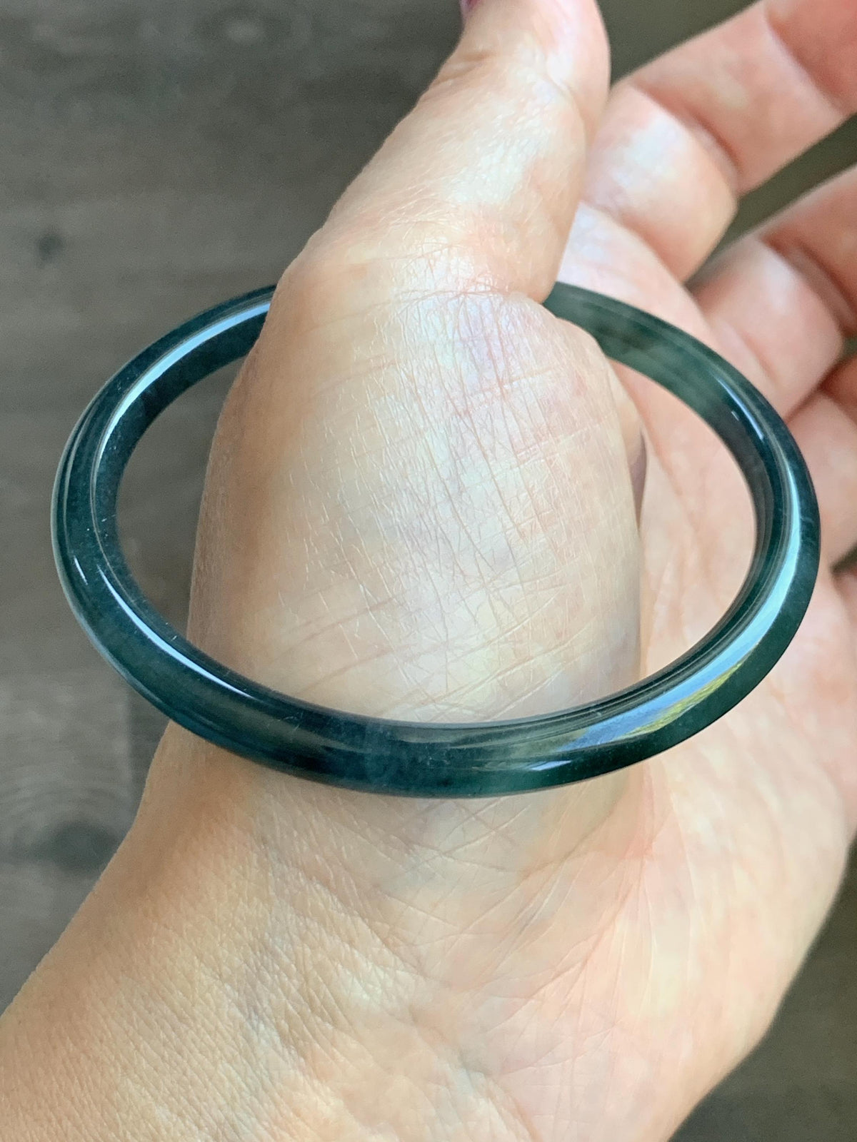 Certified Natural Grade A Guatemalan Icy Highly Translucent Dark Teal Green Jade Jadeite Slim Bangle 57.39mm 7.09” 17.75g 天然冰胶危深蓝绿翡翠细圆条手镯986