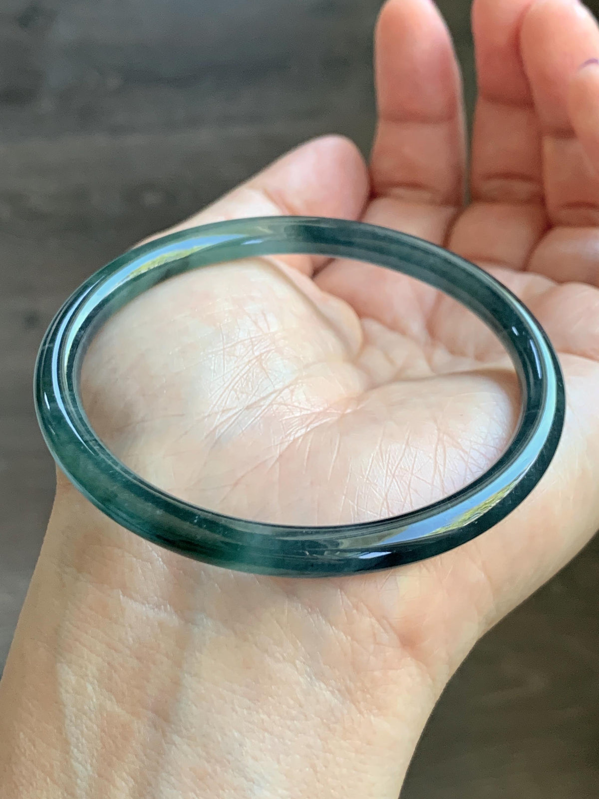 Certified Natural Grade A Guatemalan Icy Highly Translucent Dark Teal Green Jade Jadeite Slim Bangle 57.39mm 7.09” 17.75g 天然冰胶危深蓝绿翡翠细圆条手镯986