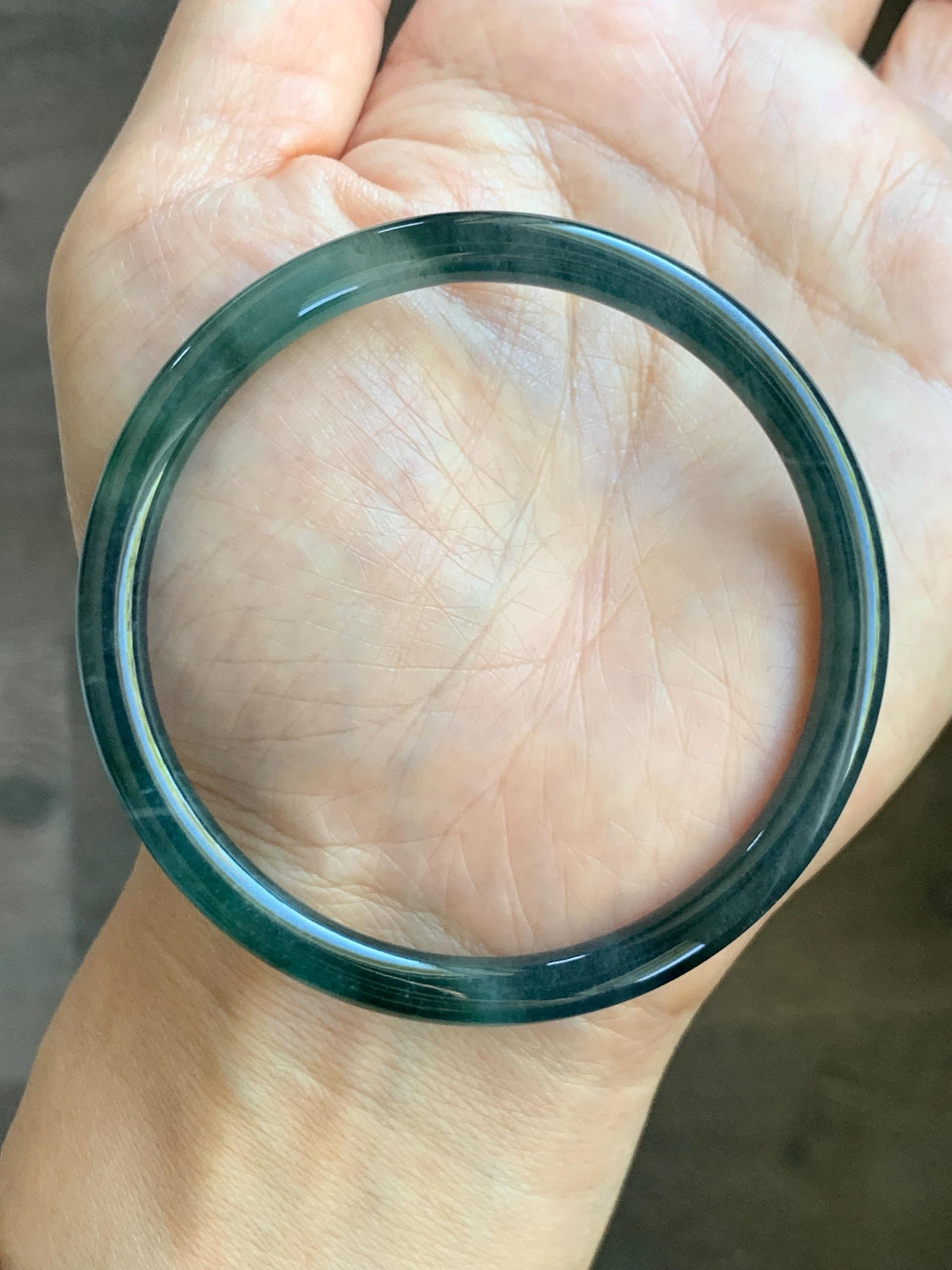 Certified Natural Grade A Guatemalan Icy Highly Translucent Dark Teal Green Jade Jadeite Slim Bangle 57.39mm 7.09” 17.75g 天然冰胶危深蓝绿翡翠细圆条手镯986