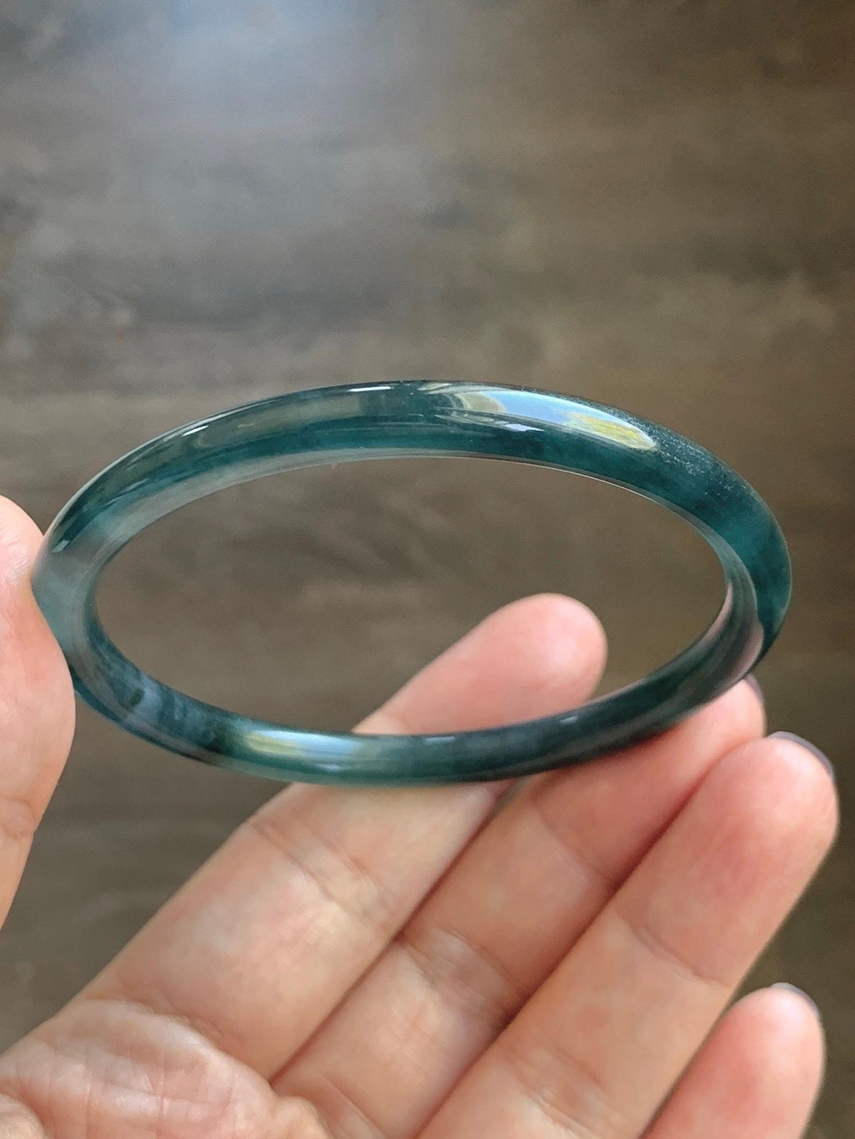 Certified Natural Grade A Guatemalan Icy Highly Translucent Dark Teal Green Jade Jadeite Slim Bangle 56.86mm 7” 17.87g 天然冰胶危深蓝绿翡翠细圆条手镯 990