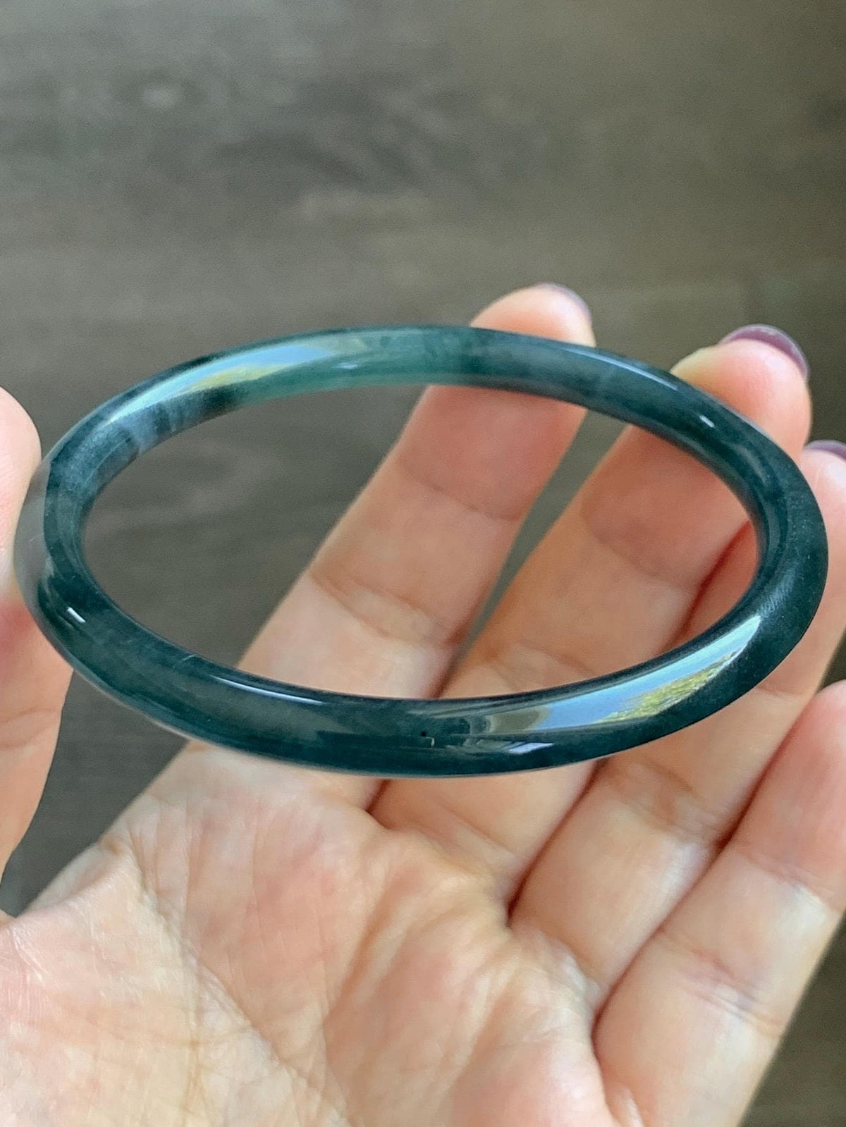 Certified Natural Grade A Guatemalan Icy Highly Translucent Dark Teal Green Jade Jadeite Slim Bangle 56.86mm 7” 17.87g 天然冰胶危深蓝绿翡翠细圆条手镯 990