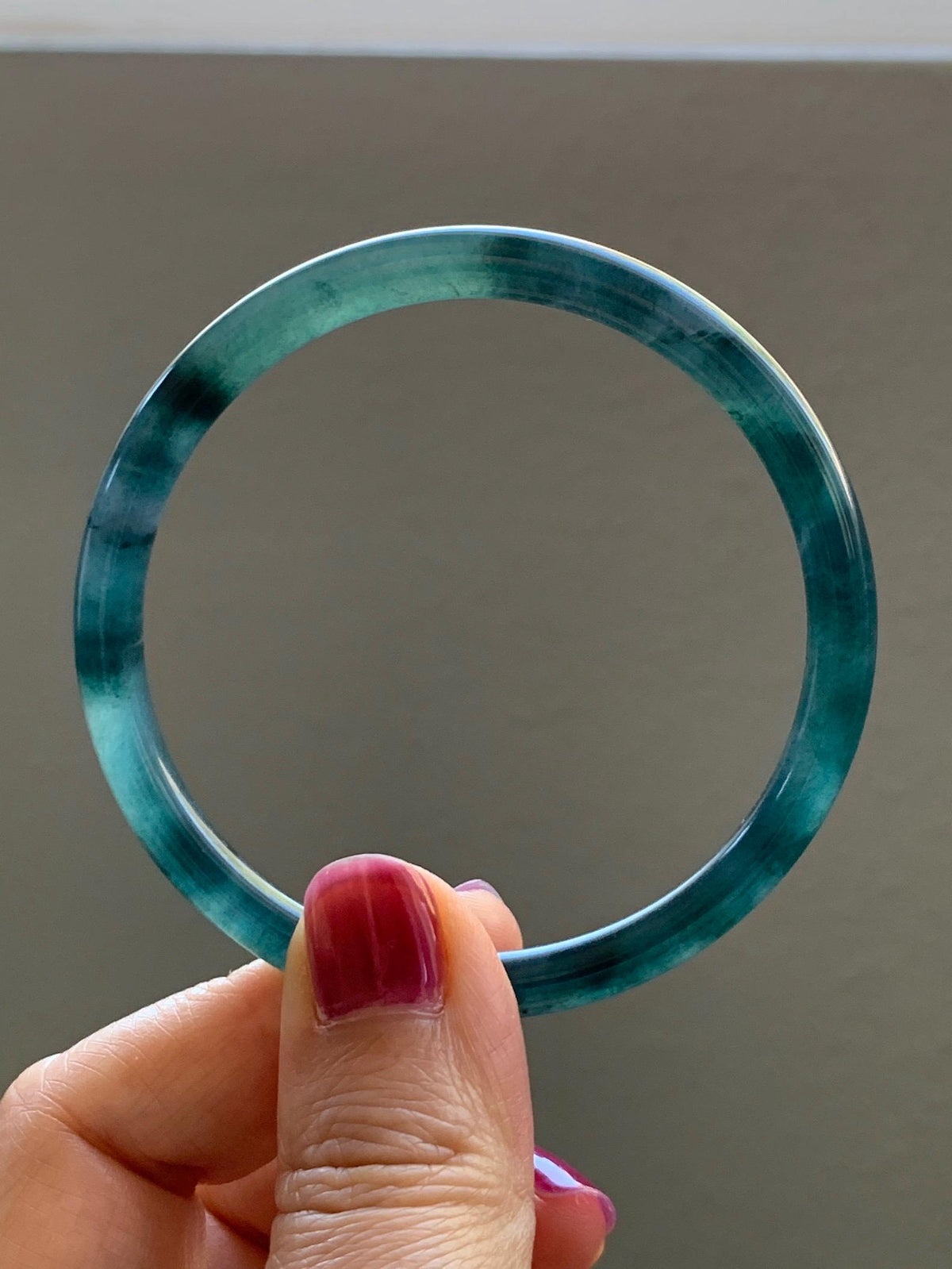 Certified Natural Grade A Guatemalan Icy Highly Translucent Dark Teal Green Jade Jadeite Slim Bangle 56.86mm 7” 17.87g 天然冰胶危深蓝绿翡翠细圆条手镯 990