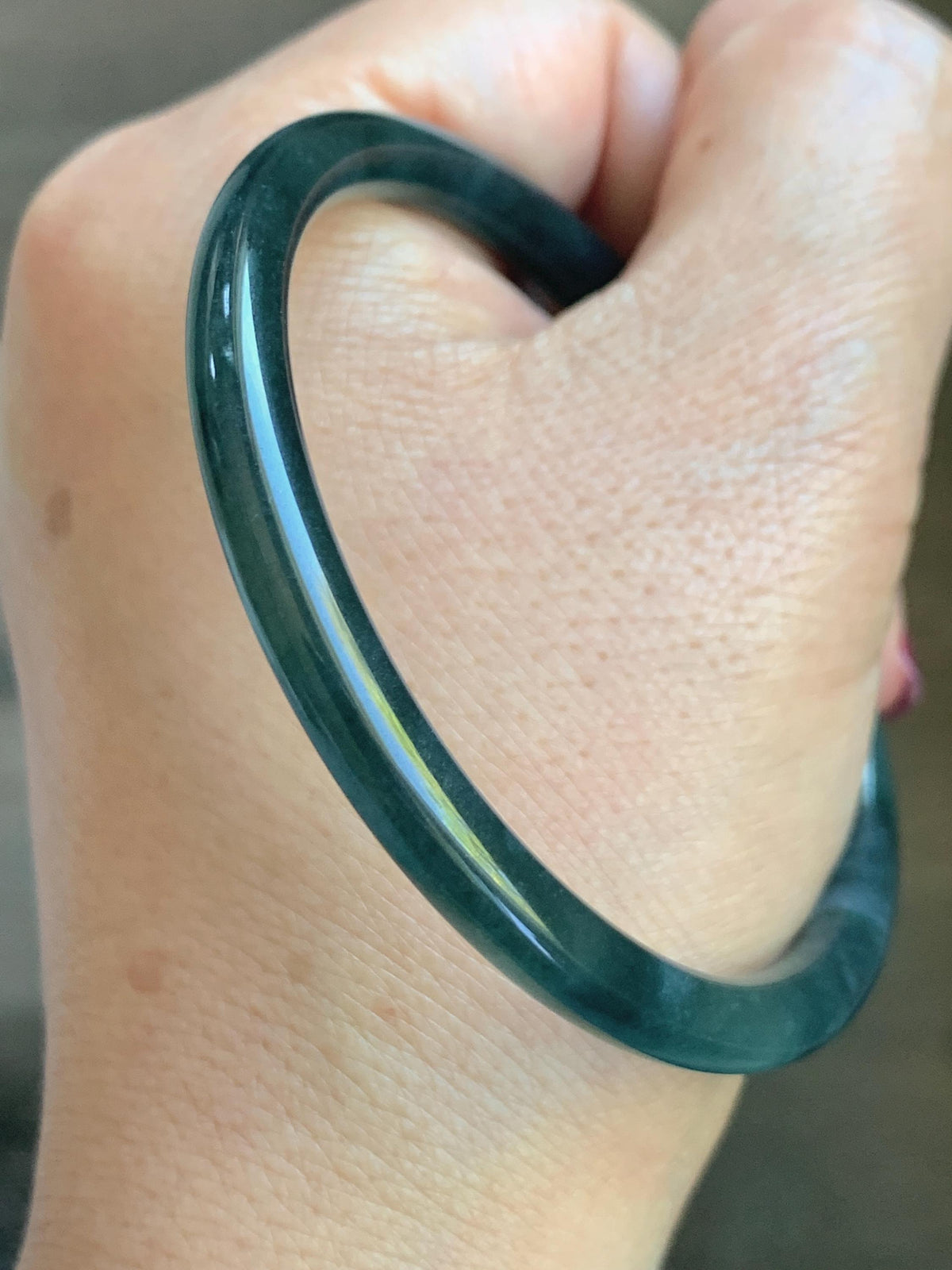 Certified Natural Grade A Guatemalan Icy Highly Translucent Dark Teal Green Jade Jadeite Slim Bangle 56.86mm 7” 17.87g 天然冰胶危深蓝绿翡翠细圆条手镯 990