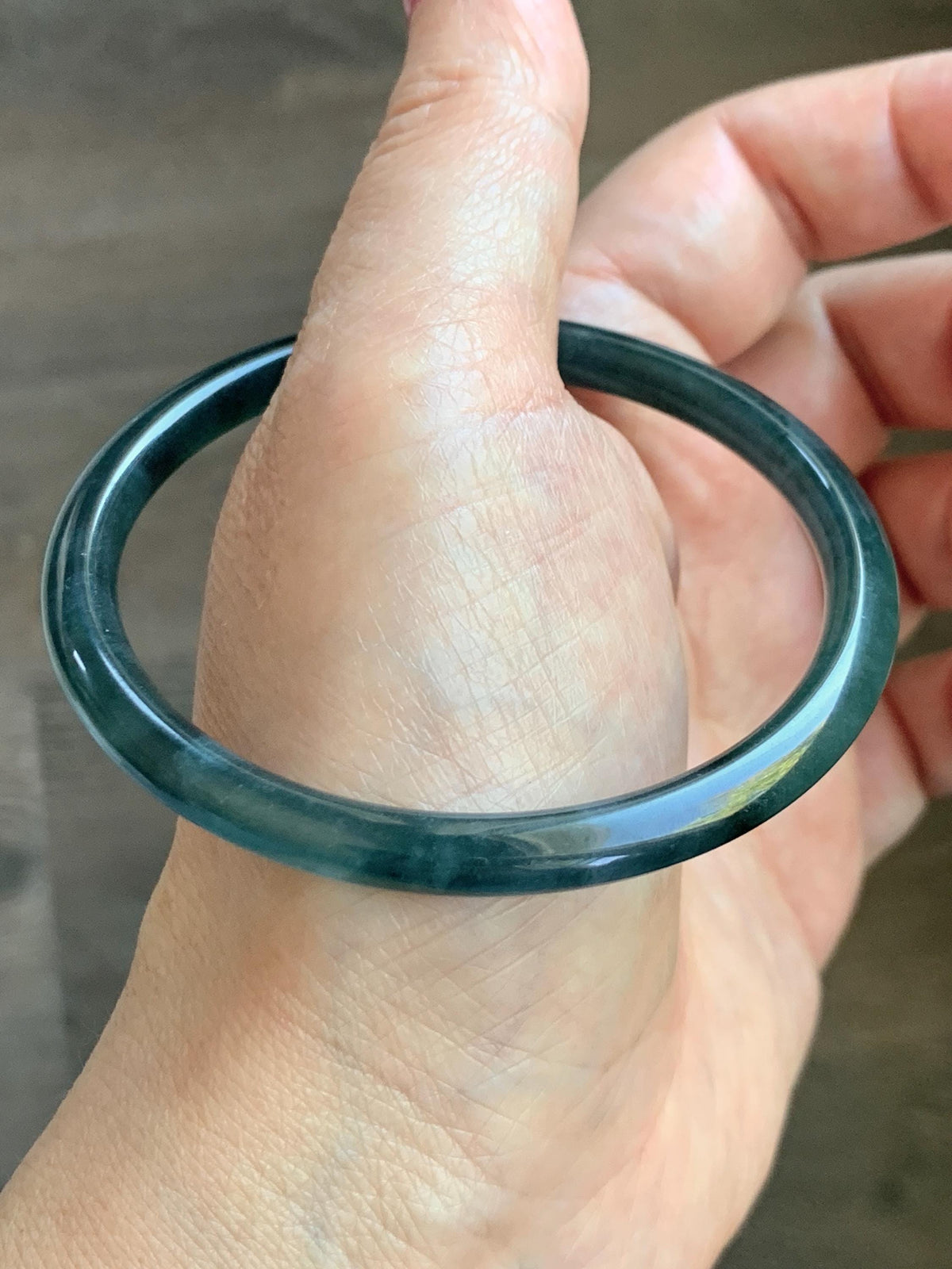 Certified Natural Grade A Guatemalan Icy Highly Translucent Dark Teal Green Jade Jadeite Slim Bangle 56.86mm 7” 17.87g 天然冰胶危深蓝绿翡翠细圆条手镯 990