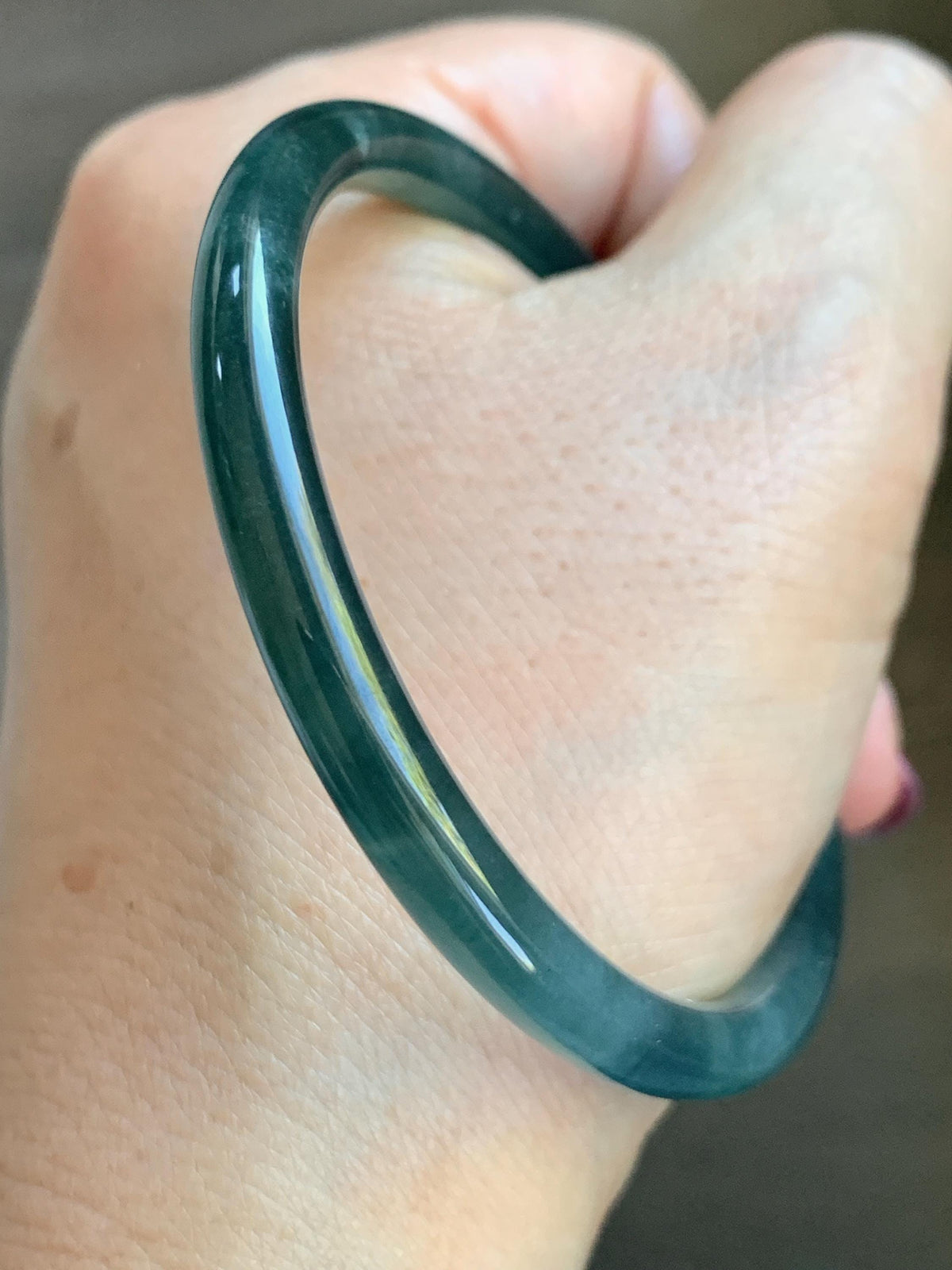 Certified Natural Grade A Guatemalan Icy Highly Translucent Dark Teal Blue Jade Jadeite Slim Bangle 56.46mm 6.98” 17.77g 天然冰胶危深蓝绿翡翠细圆条手镯 995