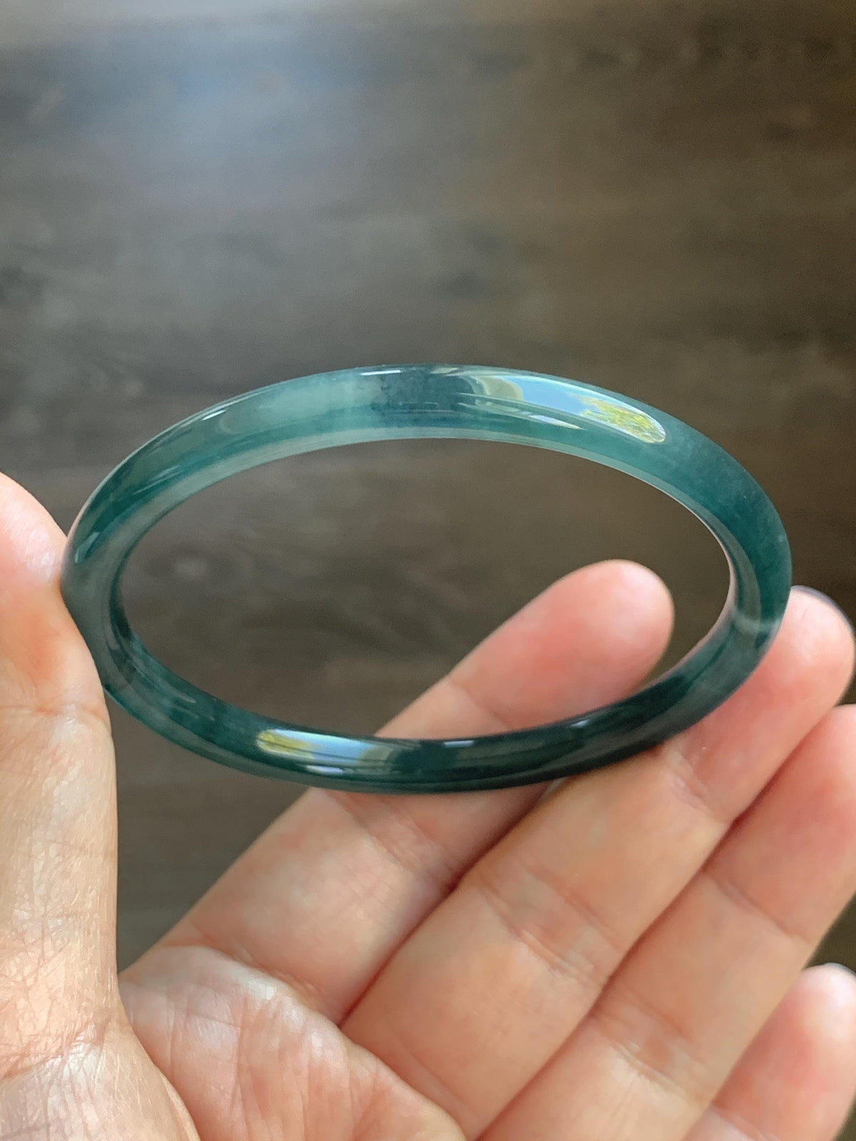 Certified Natural Grade A Guatemalan Icy Highly Translucent Dark Teal Blue Jade Jadeite Slim Bangle 56.46mm 6.98” 17.77g 天然冰胶危深蓝绿翡翠细圆条手镯 995