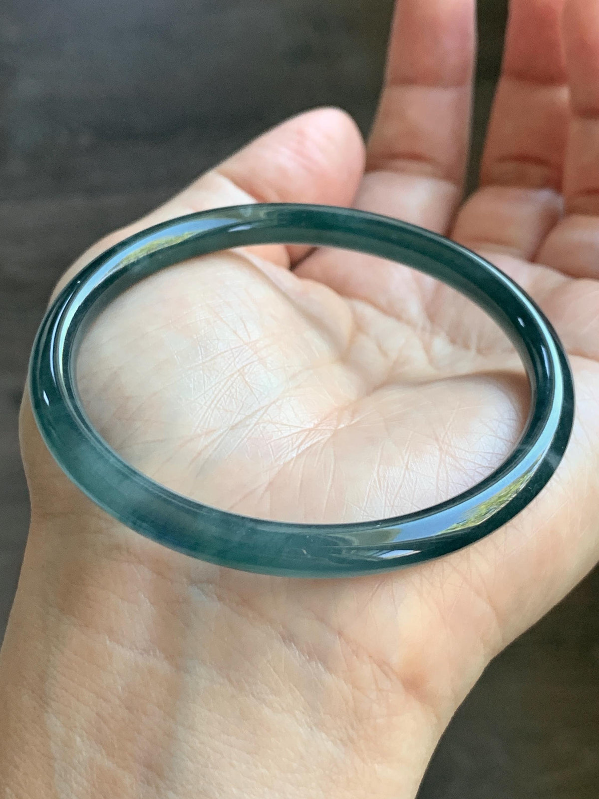 Certified Natural Grade A Guatemalan Icy Highly Translucent Dark Teal Blue Jade Jadeite Slim Bangle 56.46mm 6.98” 17.77g 天然冰胶危深蓝绿翡翠细圆条手镯 995