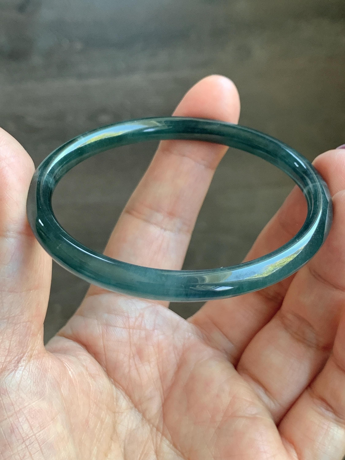 Certified Natural Grade A Guatemalan Icy Highly Translucent Dark Teal Blue Jade Jadeite Slim Bangle 56.46mm 6.98” 17.77g 天然冰胶危深蓝绿翡翠细圆条手镯 995
