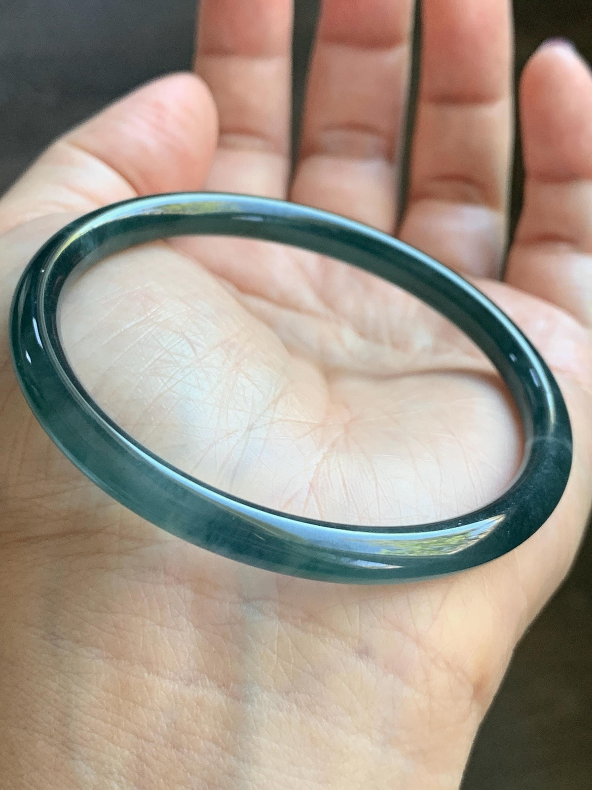 Certified Natural Grade A Guatemalan Icy Highly Translucent Dark Teal Blue Jade Jadeite Slim Bangle 56.46mm 6.98” 17.77g 天然冰胶危深蓝绿翡翠细圆条手镯 995