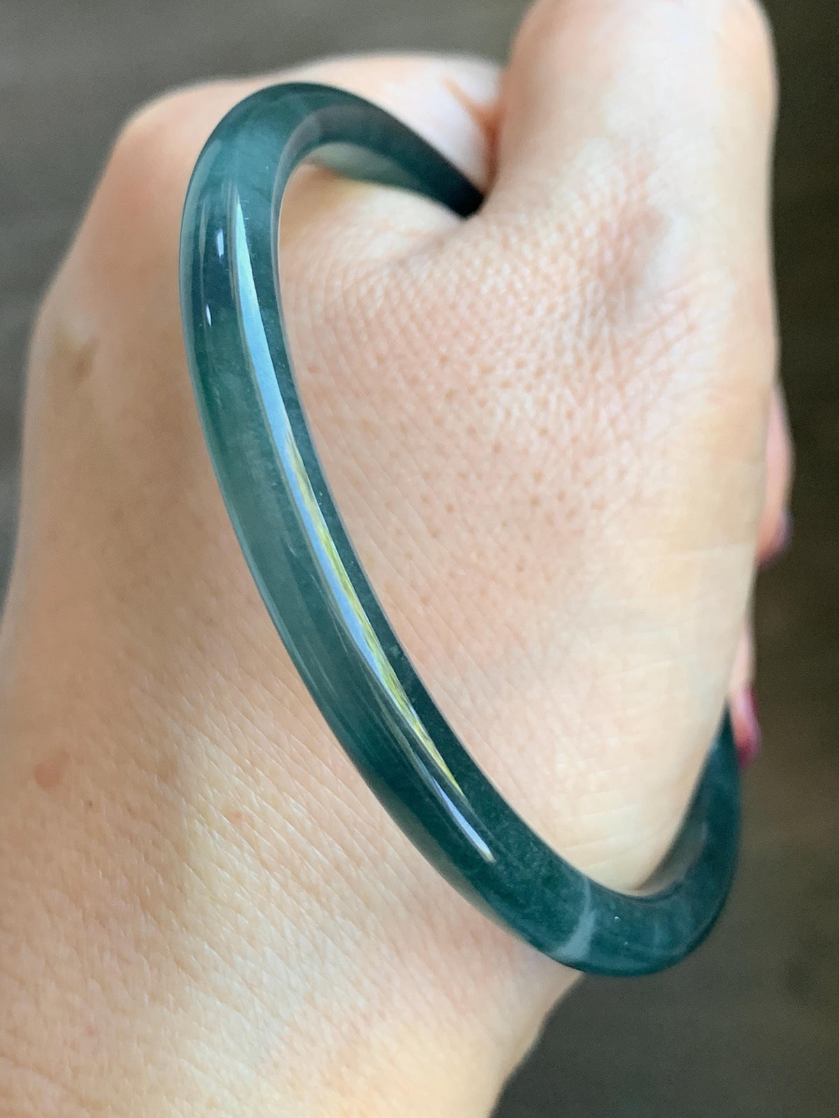 Certified Natural Grade A Guatemalan Icy Highly Translucent Dark Teal Blue Jade Jadeite Slim Bangle 56.46mm 6.98” 17.77g 天然冰胶危深蓝绿翡翠细圆条手镯 995