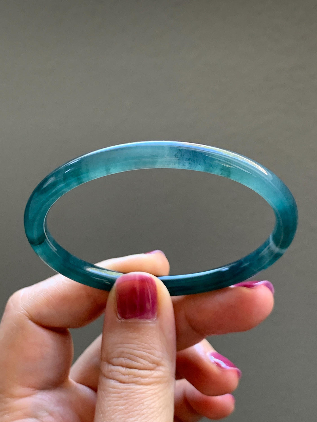 Certified Natural Grade A Guatemalan Icy Highly Translucent Dark Teal Blue Jade Jadeite Slim Bangle 56.46mm 6.98” 17.77g 天然冰胶危深蓝绿翡翠细圆条手镯 995