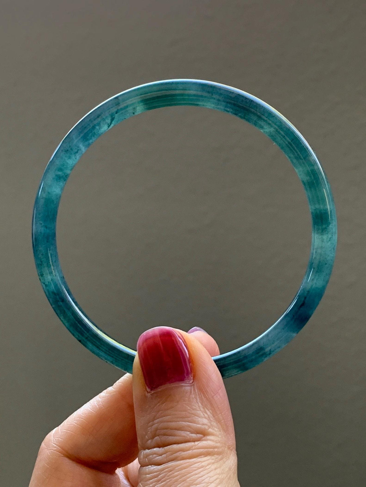 Certified Natural Grade A Guatemalan Icy Highly Translucent Dark Teal Blue Jade Jadeite Slim Bangle 58.23mm 7.2” 17g 天然冰胶危深蓝绿翡翠细圆条手镯 987