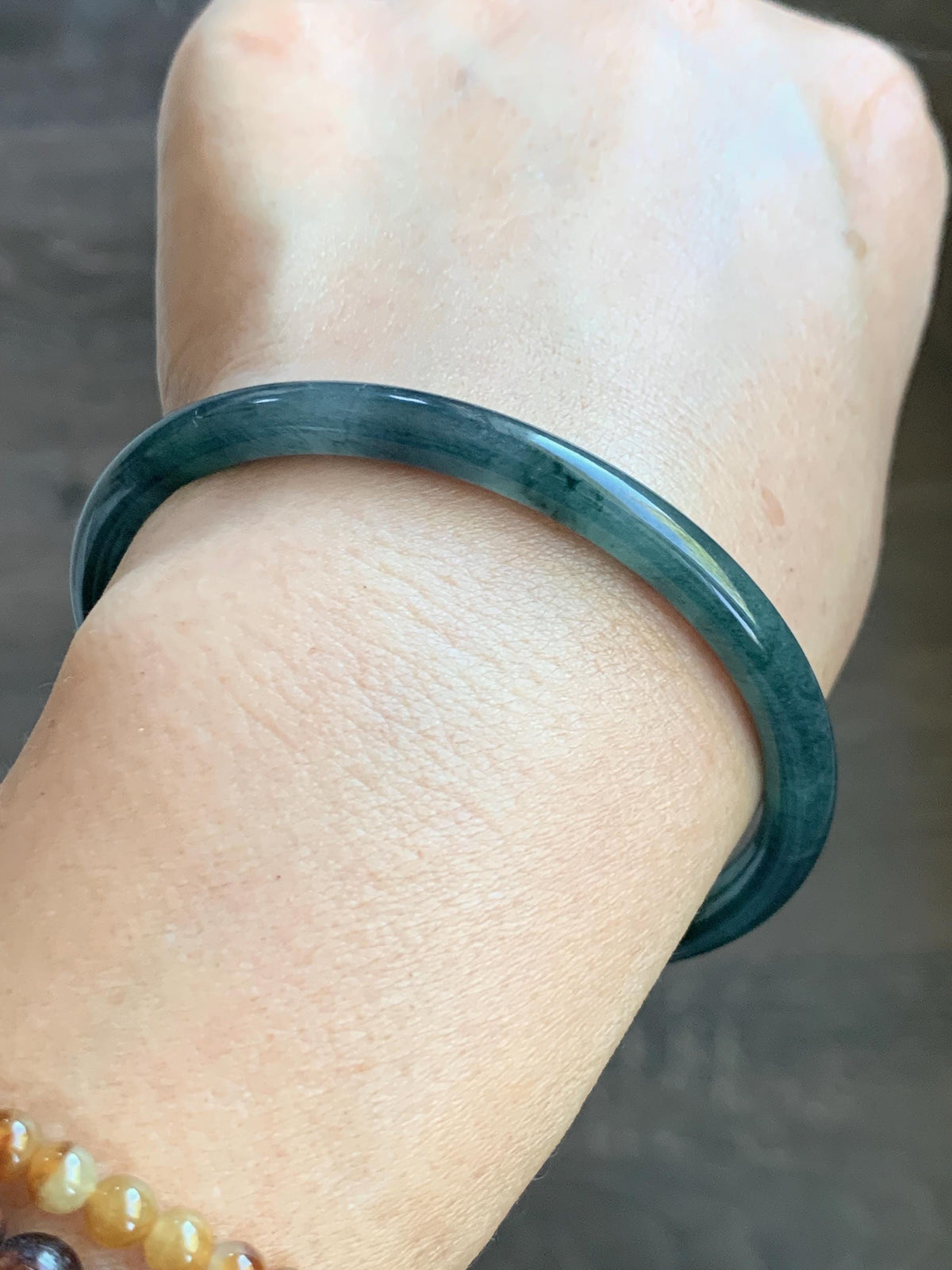 Certified Natural Grade A Guatemalan Icy Highly Translucent Dark Teal Blue Jade Jadeite Slim Bangle 58.23mm 7.2” 17g 天然冰胶危深蓝绿翡翠细圆条手镯 987