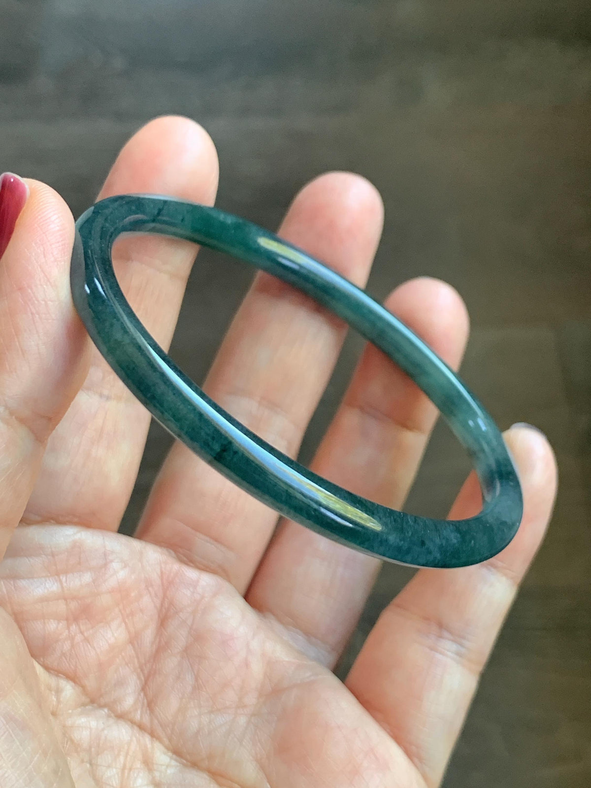 Certified Natural Grade A Guatemalan Icy Highly Translucent Dark Teal Blue Jade Jadeite Slim Bangle 58.23mm 7.2” 17g 天然冰胶危深蓝绿翡翠细圆条手镯 987