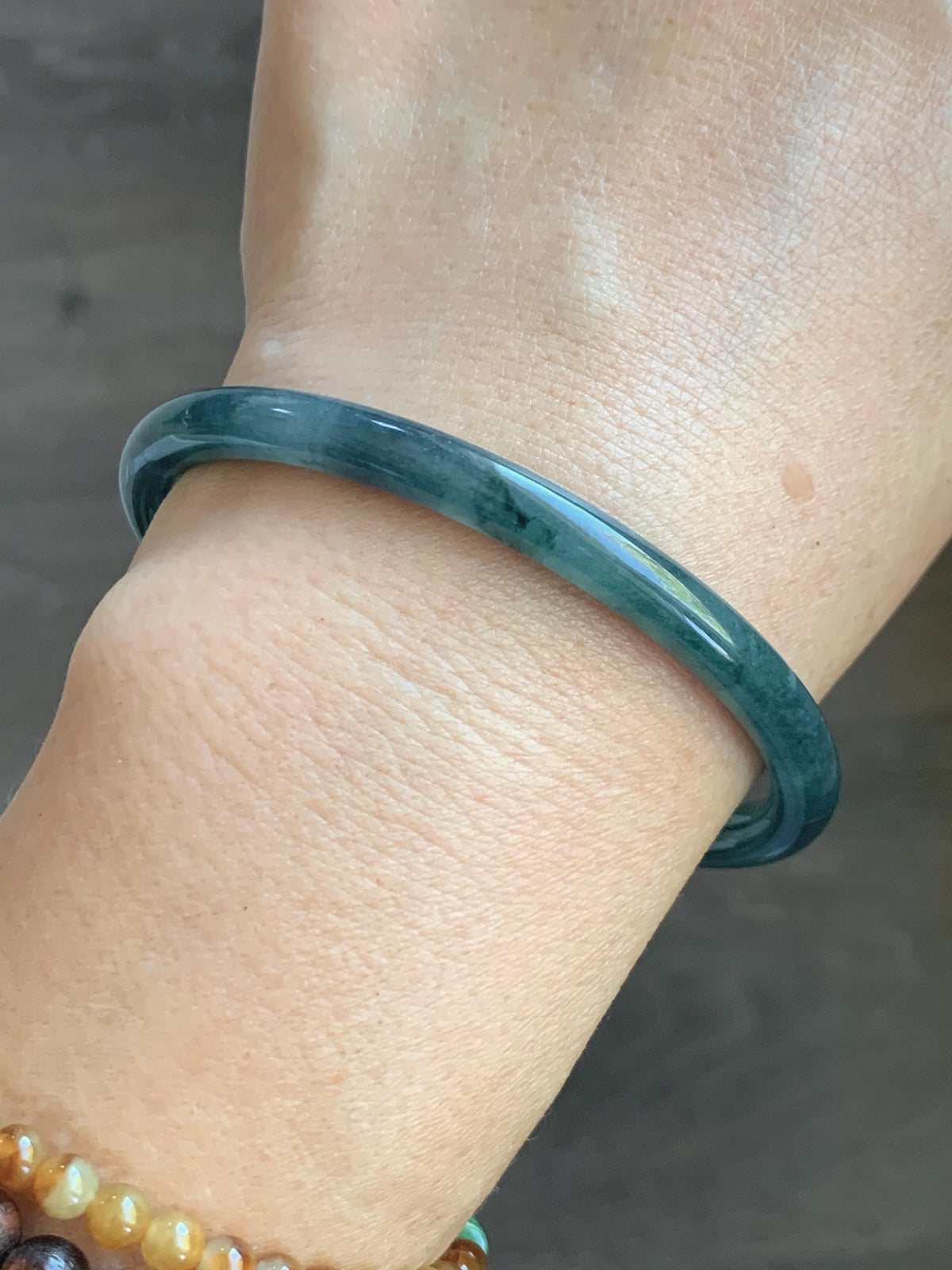 Certified Natural Grade A Guatemalan Icy Highly Translucent Dark Teal Blue Jade Jadeite Slim Bangle 58.23mm 7.2” 17g 天然冰胶危深蓝绿翡翠细圆条手镯 987