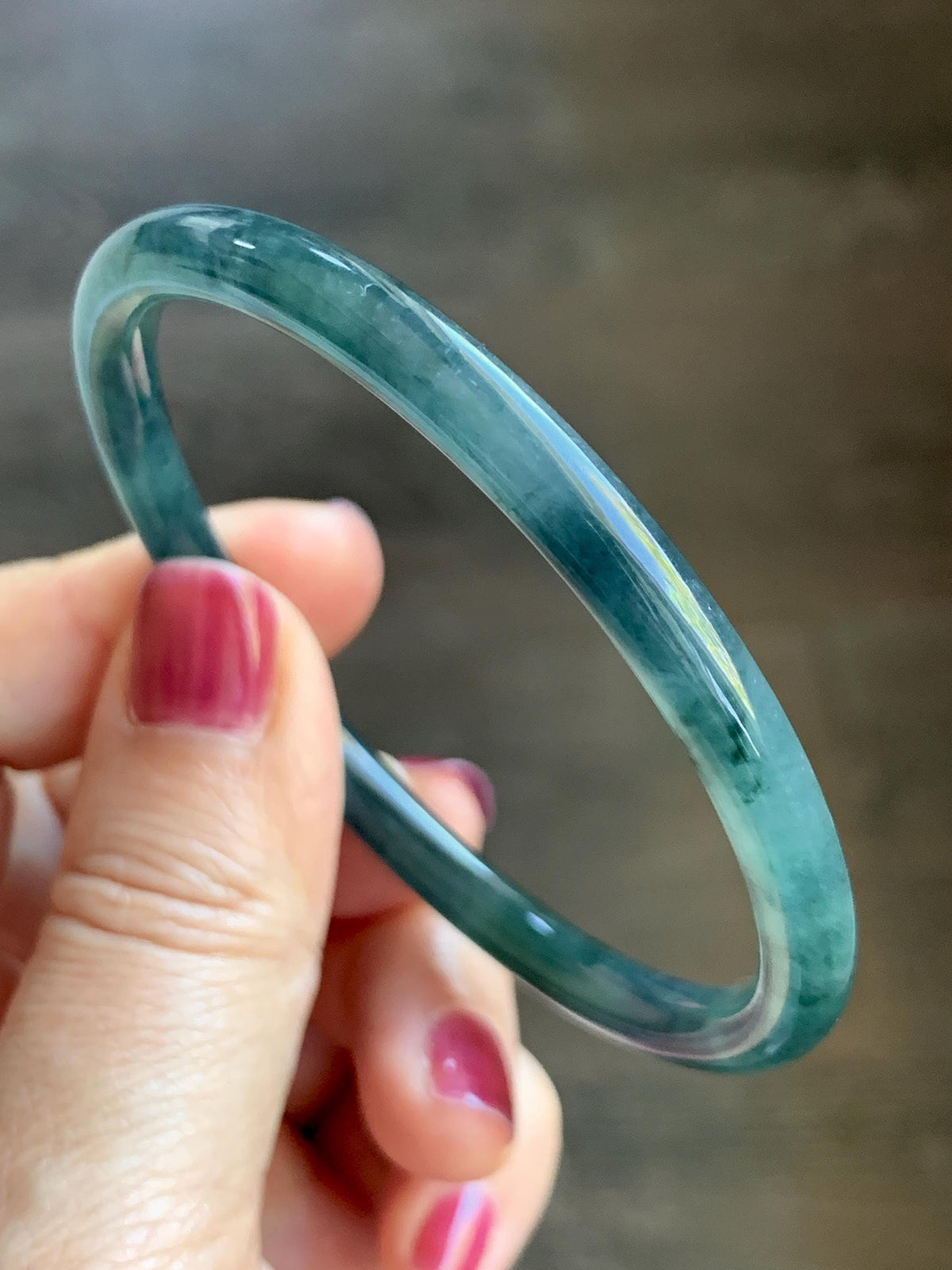 Certified Natural Grade A Guatemalan Icy Highly Translucent Dark Teal Blue Jade Jadeite Slim Bangle 58.23mm 7.2” 17g 天然冰胶危深蓝绿翡翠细圆条手镯 987