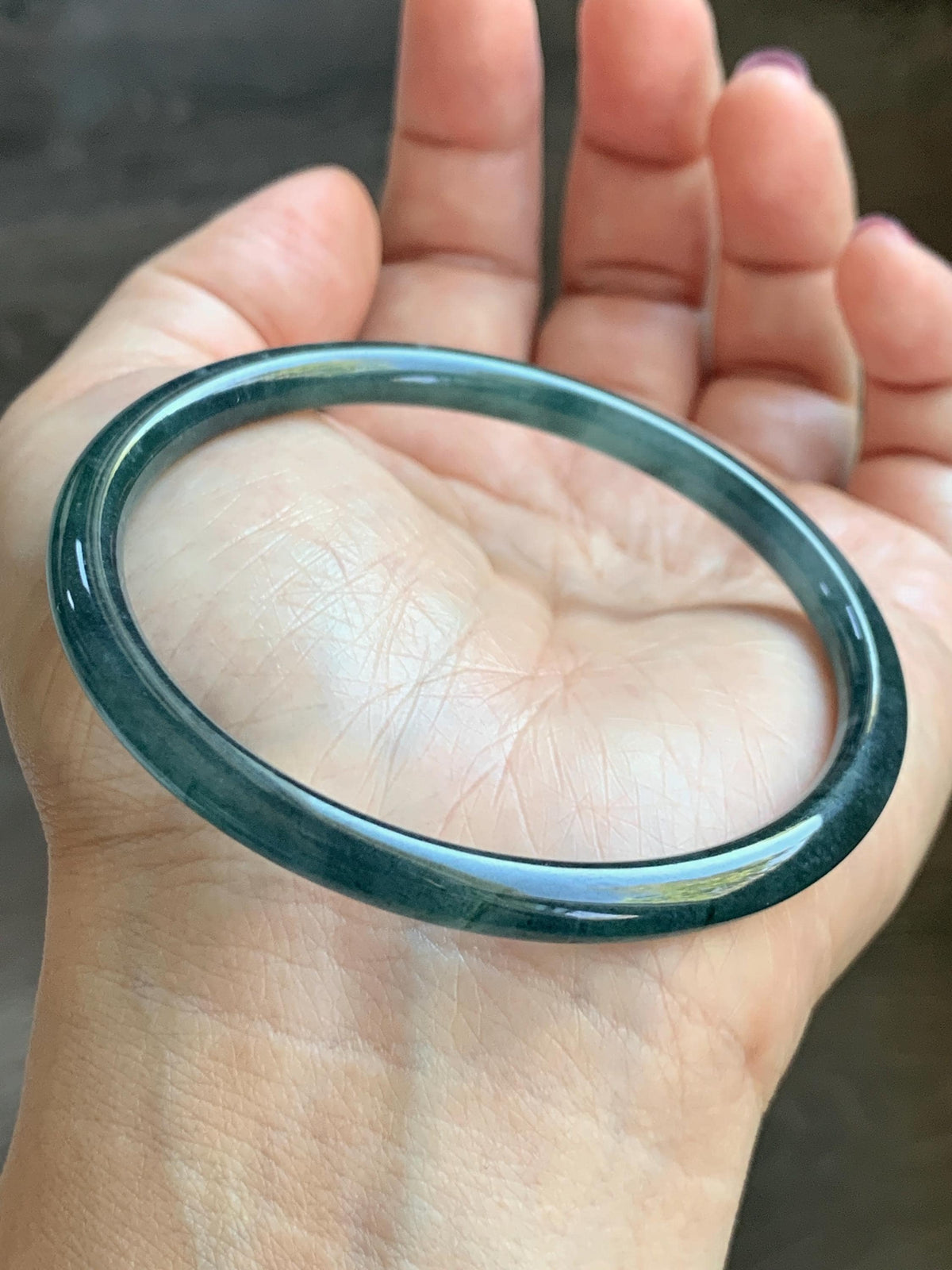 Certified Natural Grade A Guatemalan Icy Highly Translucent Dark Teal Blue Jade Jadeite Slim Bangle 58.23mm 7.2” 17g 天然冰胶危深蓝绿翡翠细圆条手镯 987