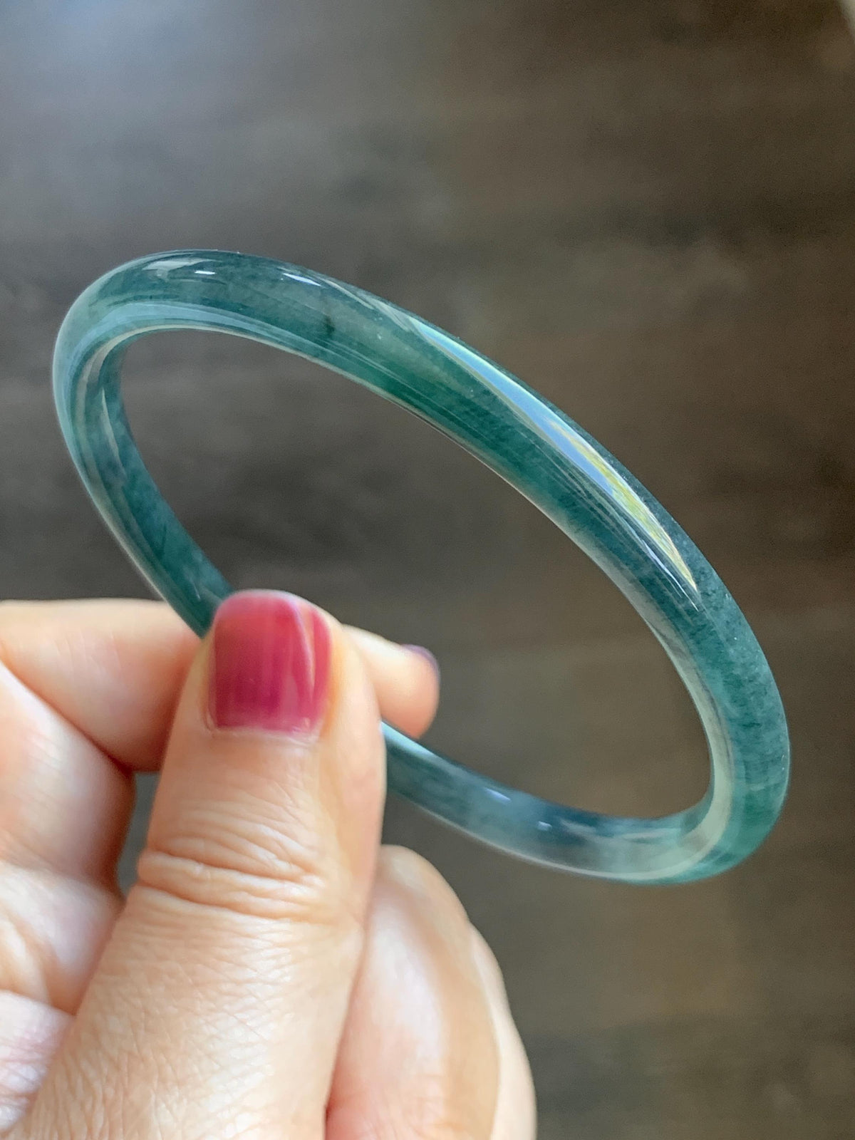 Certified Natural Grade A Guatemalan Icy Highly Translucent Dark Teal Blue Jade Jadeite Slim Bangle 58.23mm 7.2” 17g 天然冰胶危深蓝绿翡翠细圆条手镯 987