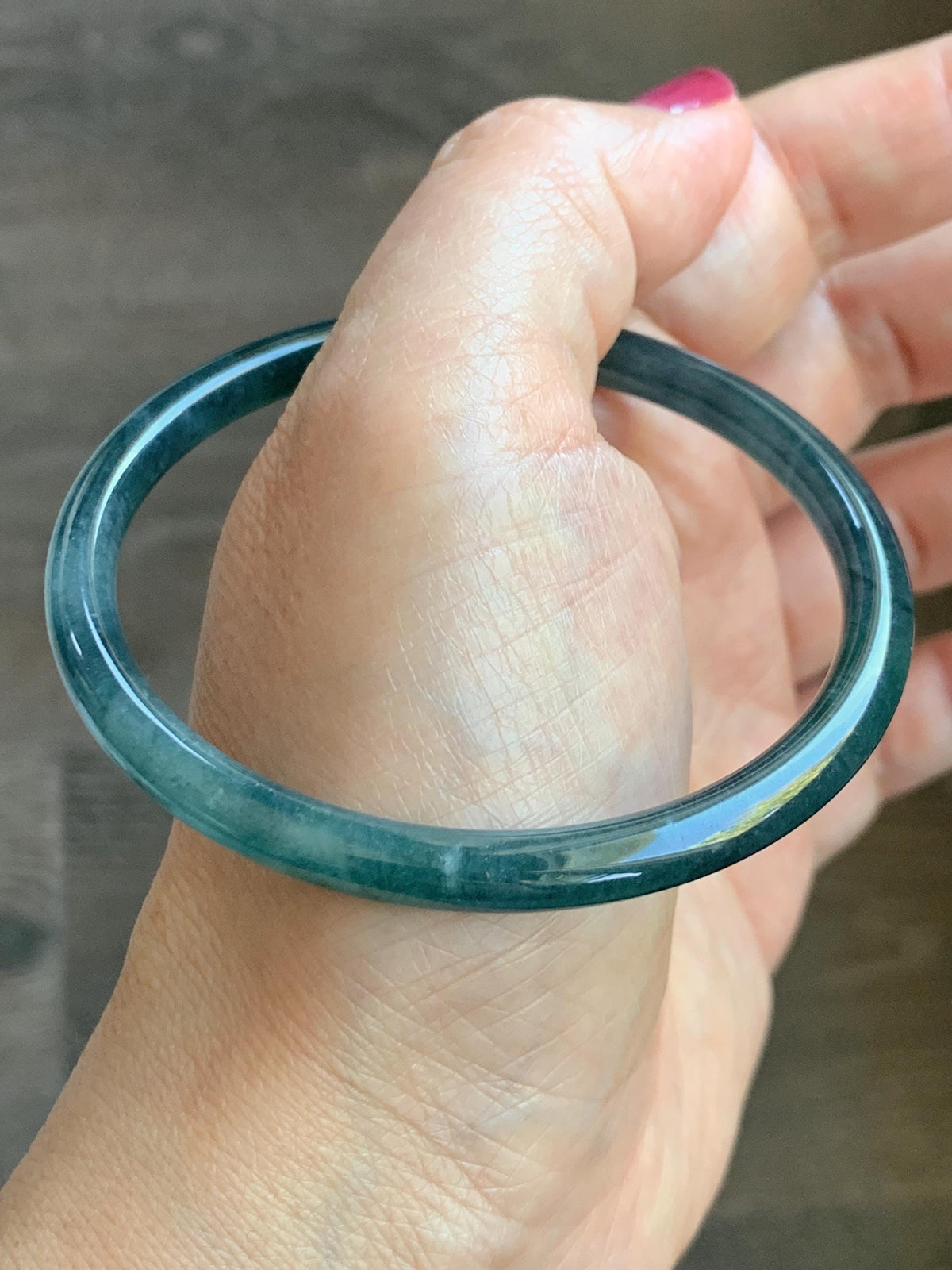 Certified Natural Grade A Guatemalan Icy Highly Translucent Dark Teal Blue Jade Jadeite Slim Bangle 58.23mm 7.2” 17g 天然冰胶危深蓝绿翡翠细圆条手镯 987