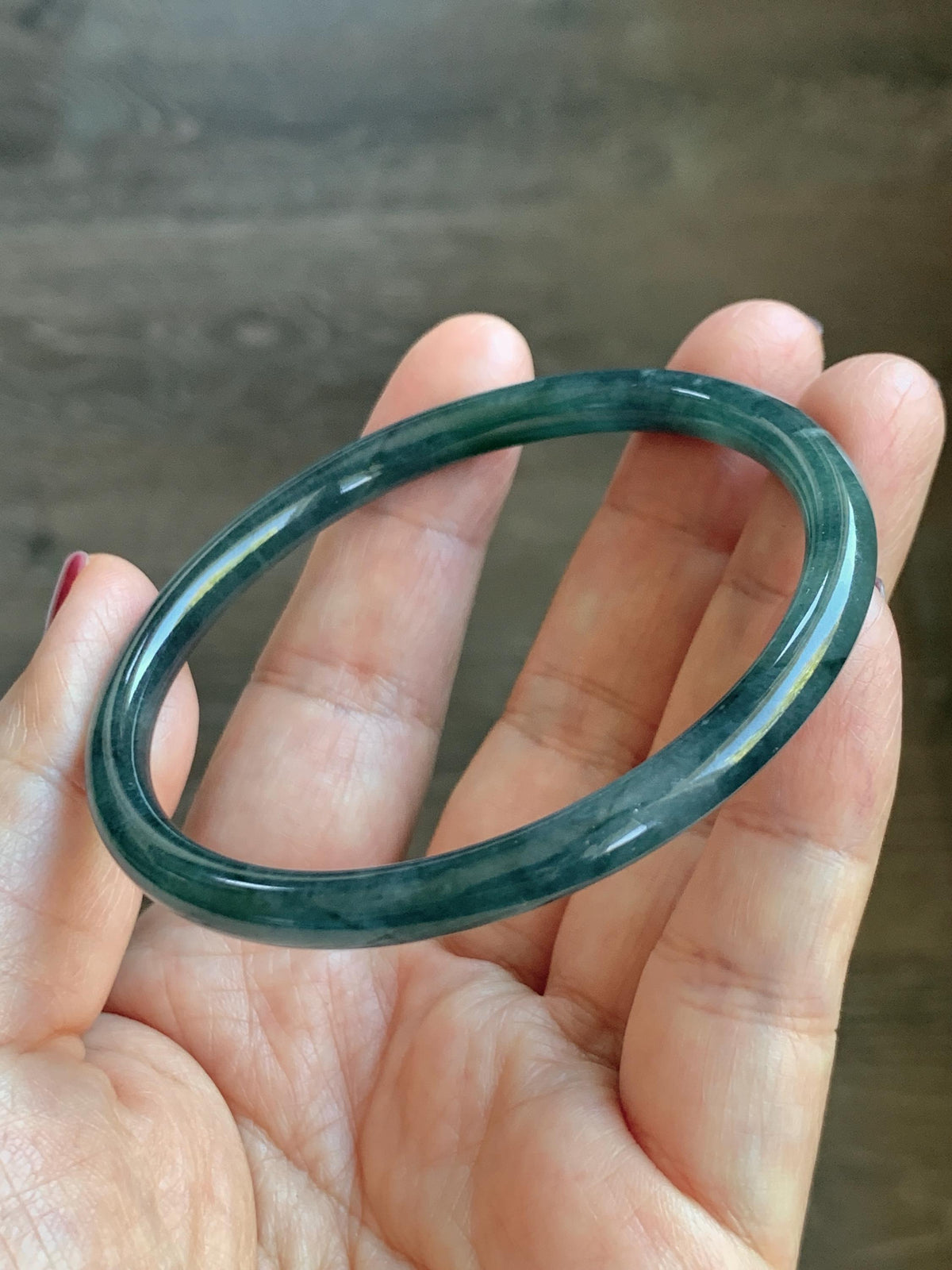 Certified Natural Grade A Guatemalan Icy Highly Translucent Dark Teal Blue Jade Jadeite Slim Bangle 58.23mm 7.2” 17g 天然冰胶危深蓝绿翡翠细圆条手镯 987